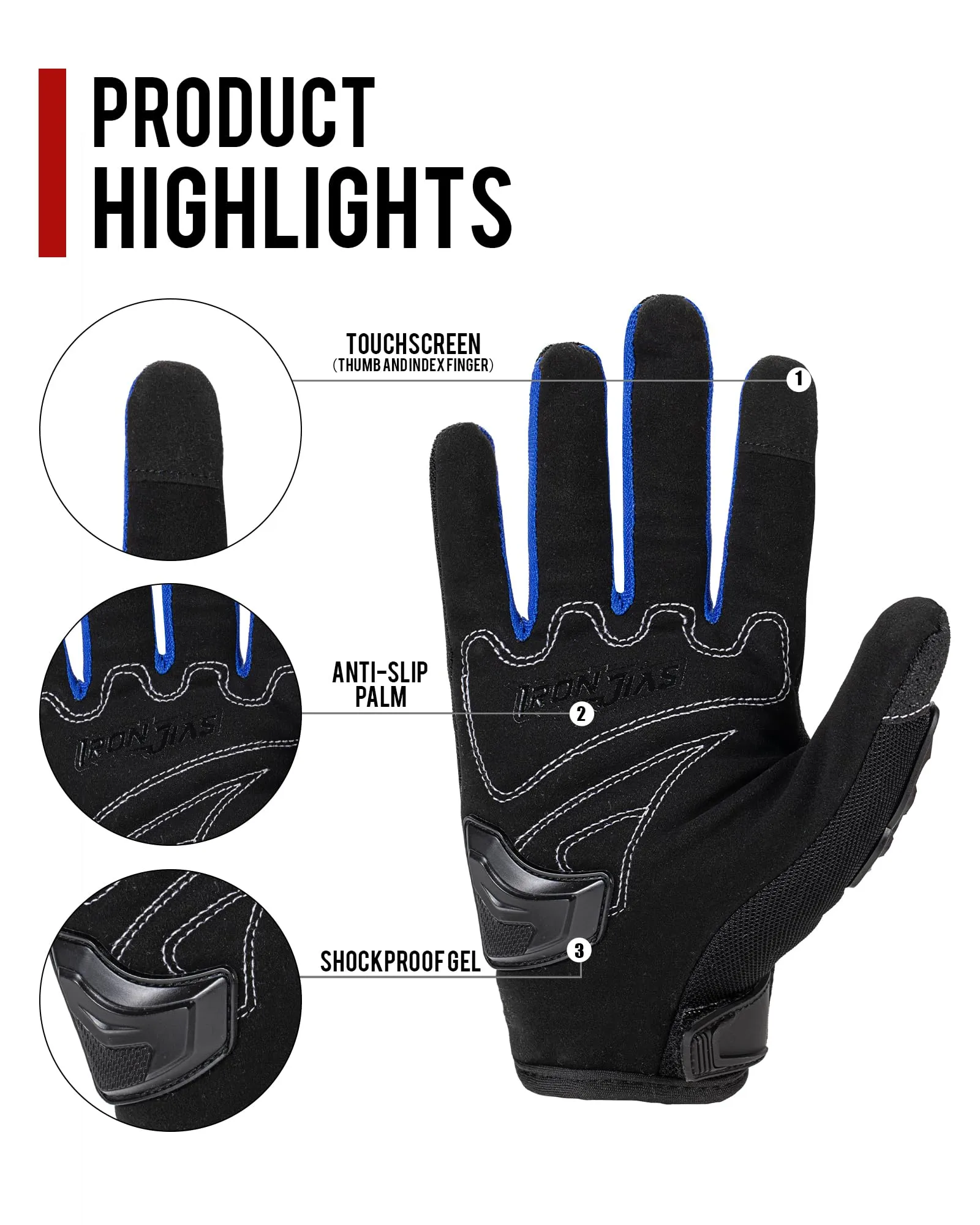 IRON JIA'S Guanti da Moto Estivi Touch Screen Traspiranti, Blu-L - immagine 3