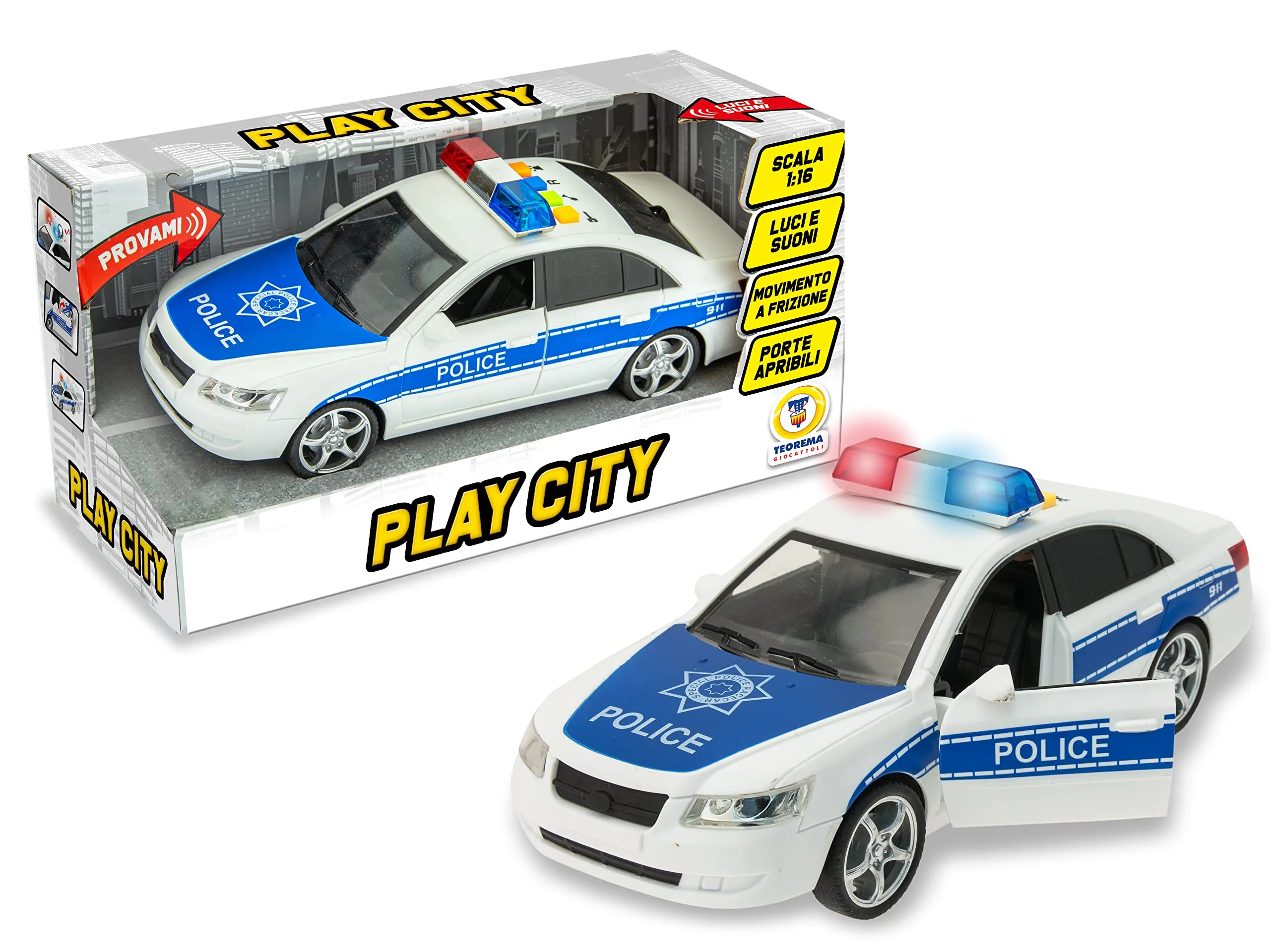 Teorema Giocattoli Play City Macchina Polizia Giocattolo, Luci e Suoni, Movimento a Frizione, Porte Apribili, Scala 1:16 - immagine 2