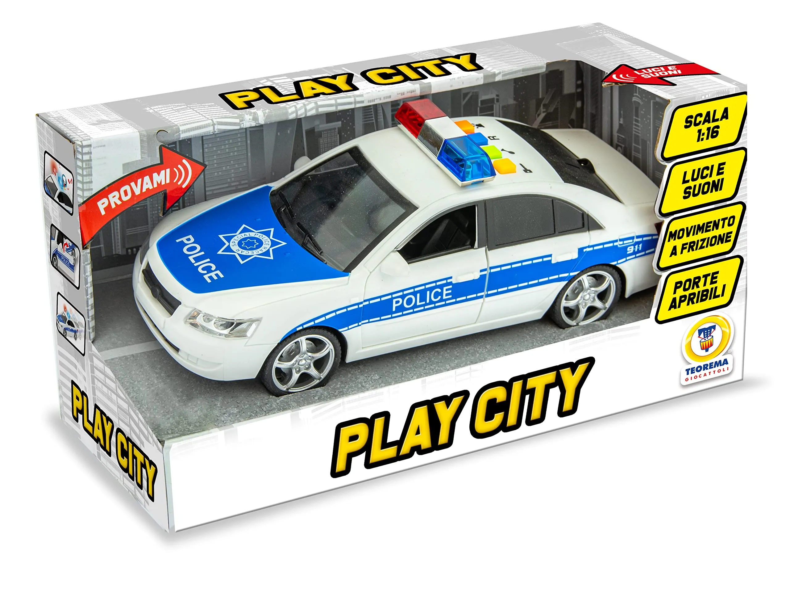 Teorema Giocattoli Play City Macchina Polizia Giocattolo, Luci e Suoni, Movimento a Frizione, Porte Apribili, Scala 1:16 - immagine 3