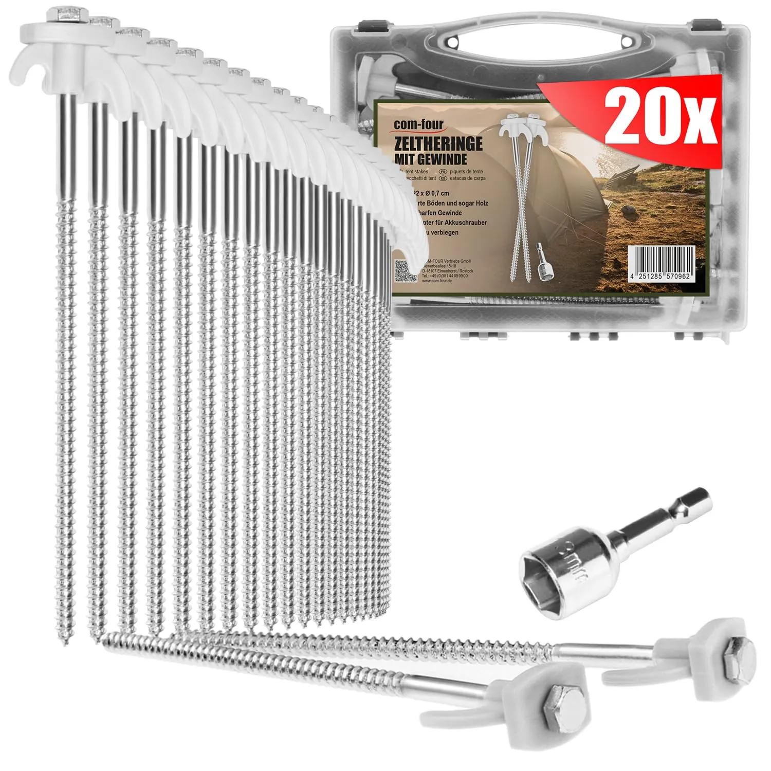 com-four Picchetti per tenda a vite in acciaio, 20 pezzi, 220x7mm - immagine 1