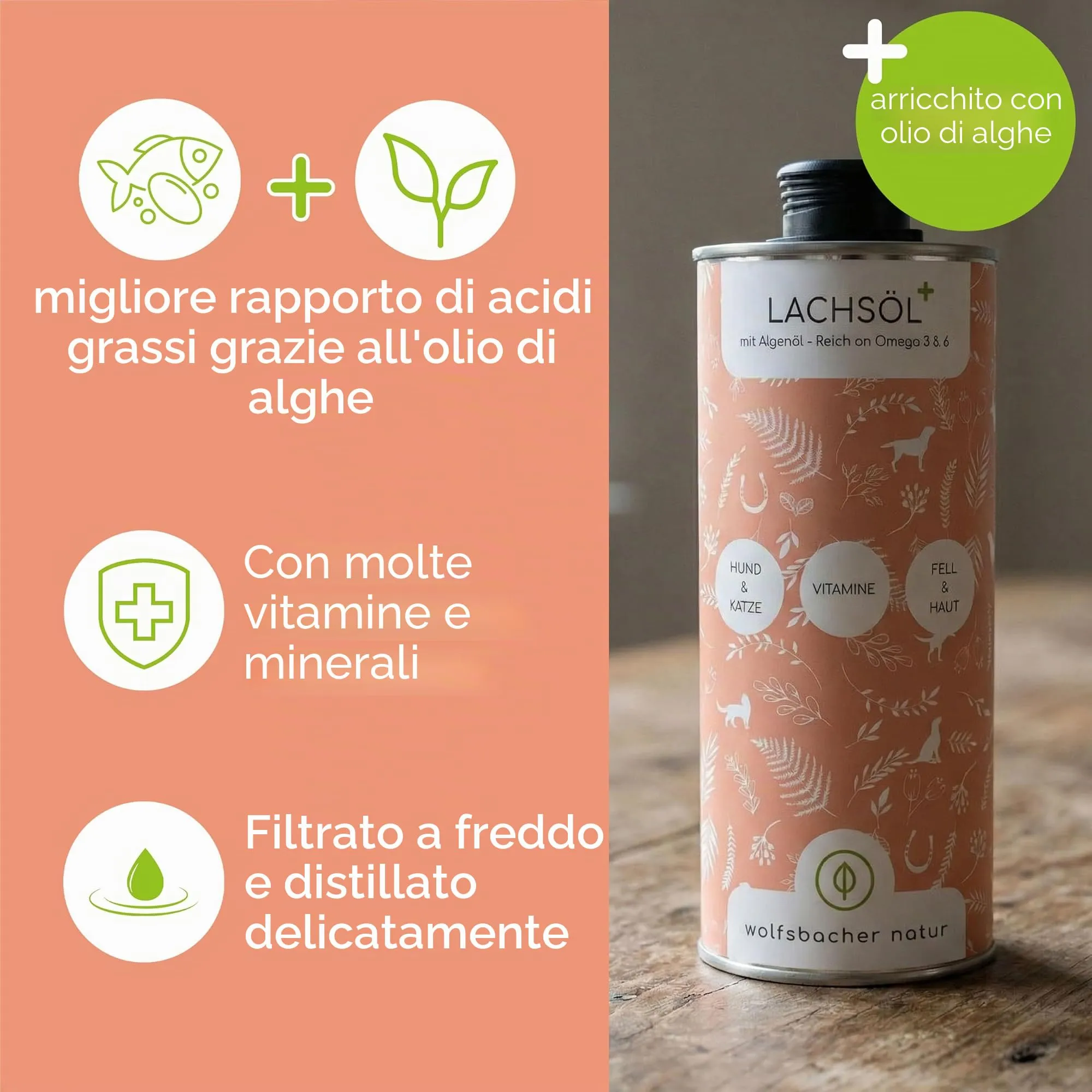 Wolfsbacher Olio di salmone Plus con olio di alghe per cani e gatti, 1 litro - immagine 3
