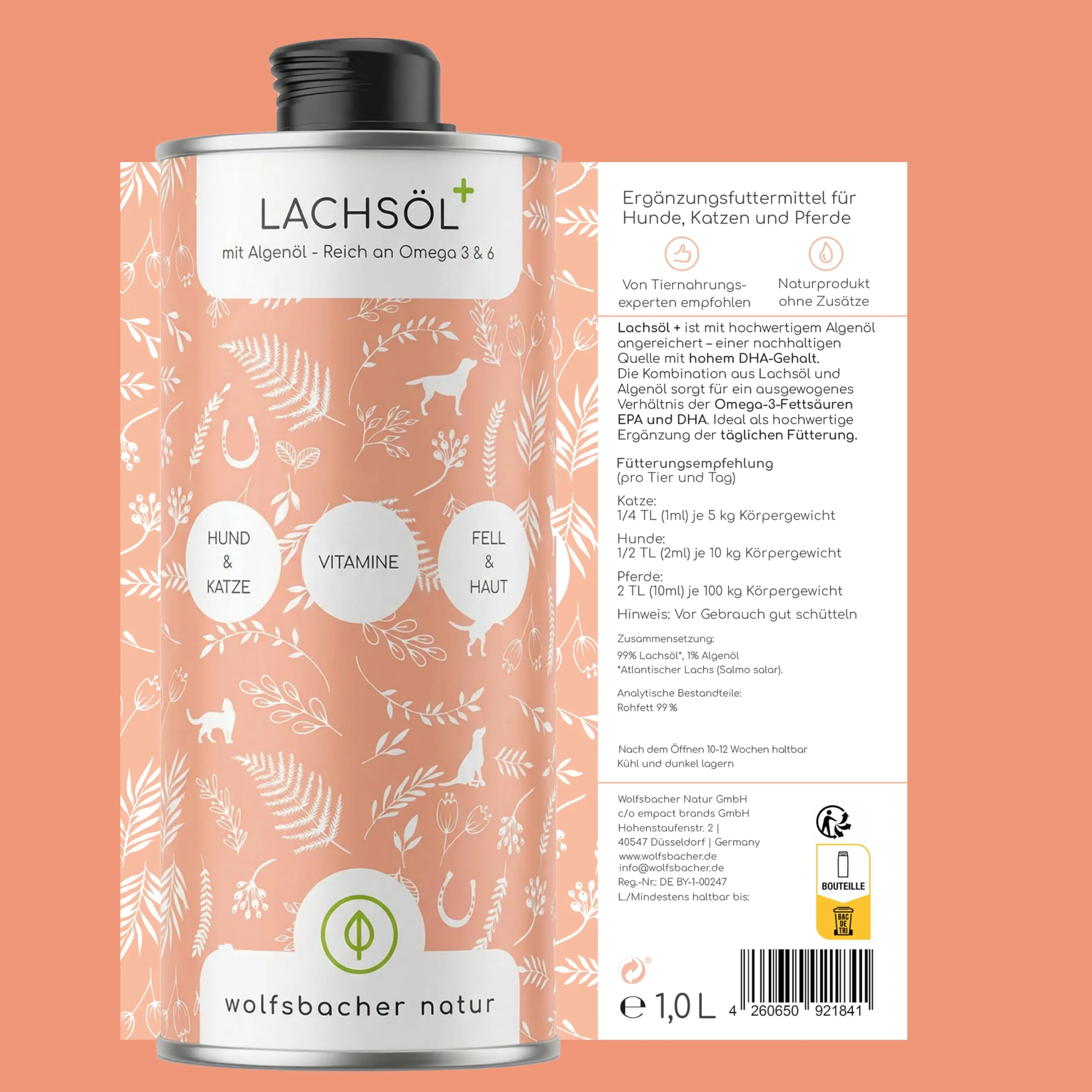 Wolfsbacher Olio di salmone Plus con olio di alghe per cani e gatti, 1 litro - immagine 7