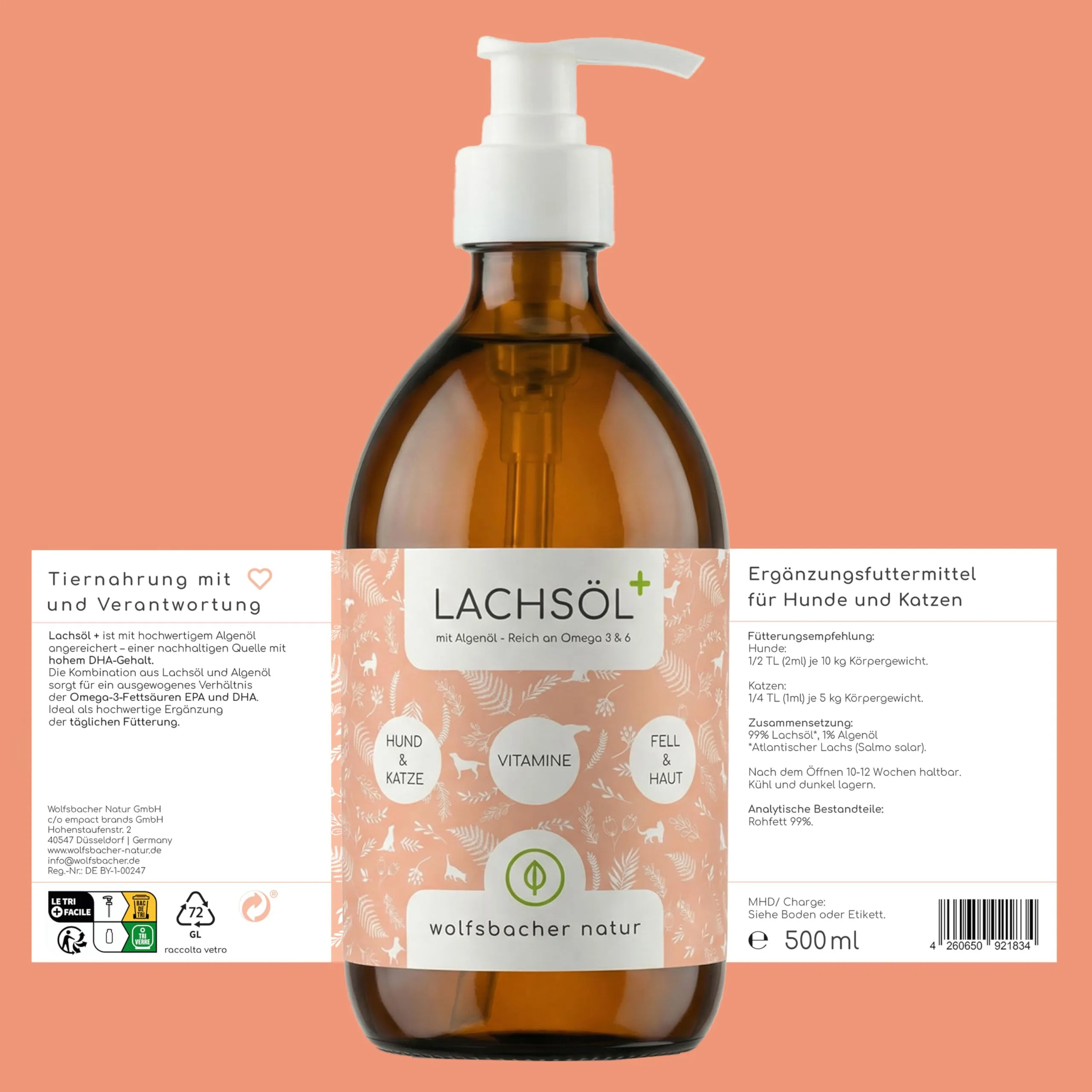 Wolfsbacher Olio di Salmone Plus con Olio di Alghe per Cani e Gatti, 500ml - immagine 7