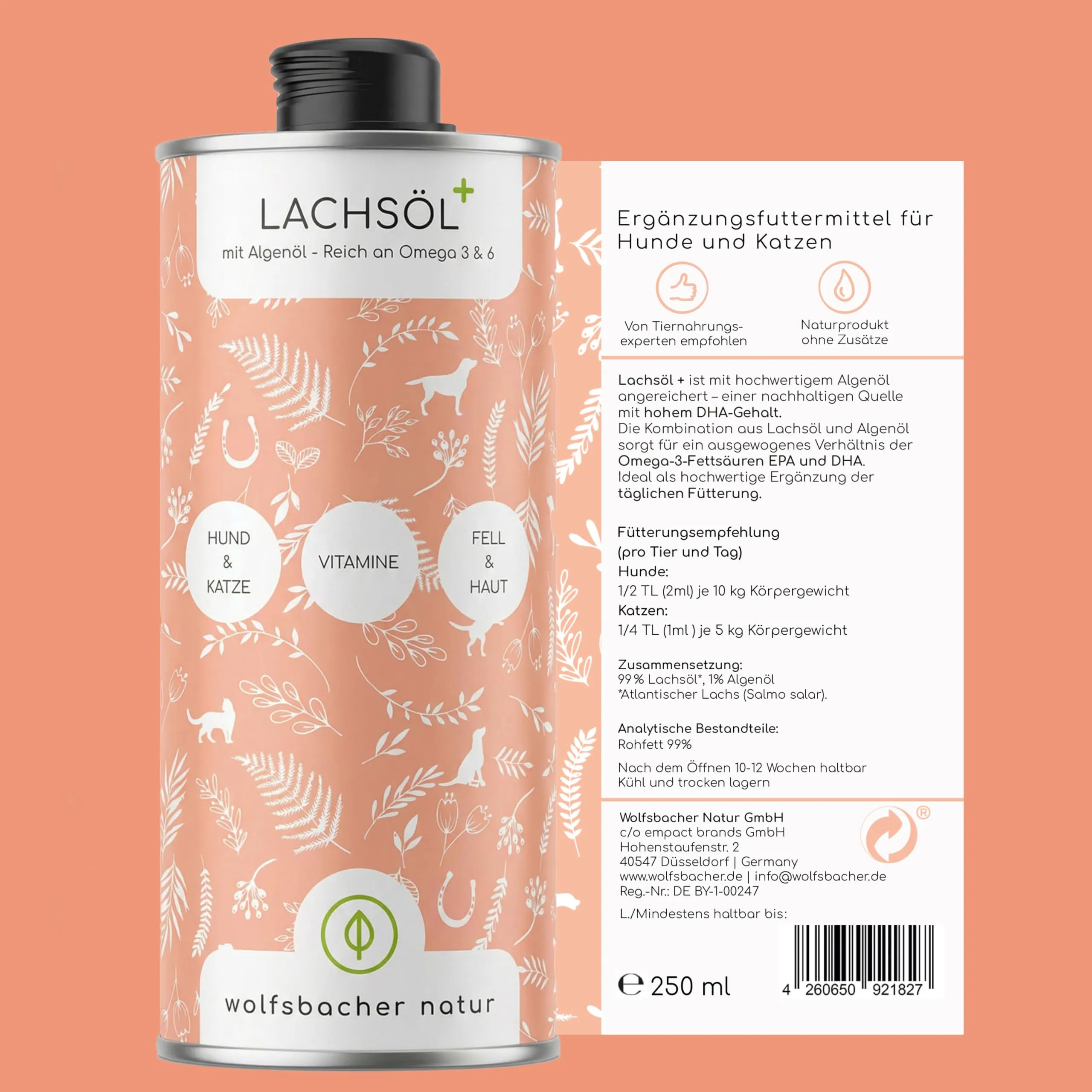 Wolfsbacher Olio di Salmone Plus con Olio di Alghe per Cani e Gatti, 250ml - immagine 7
