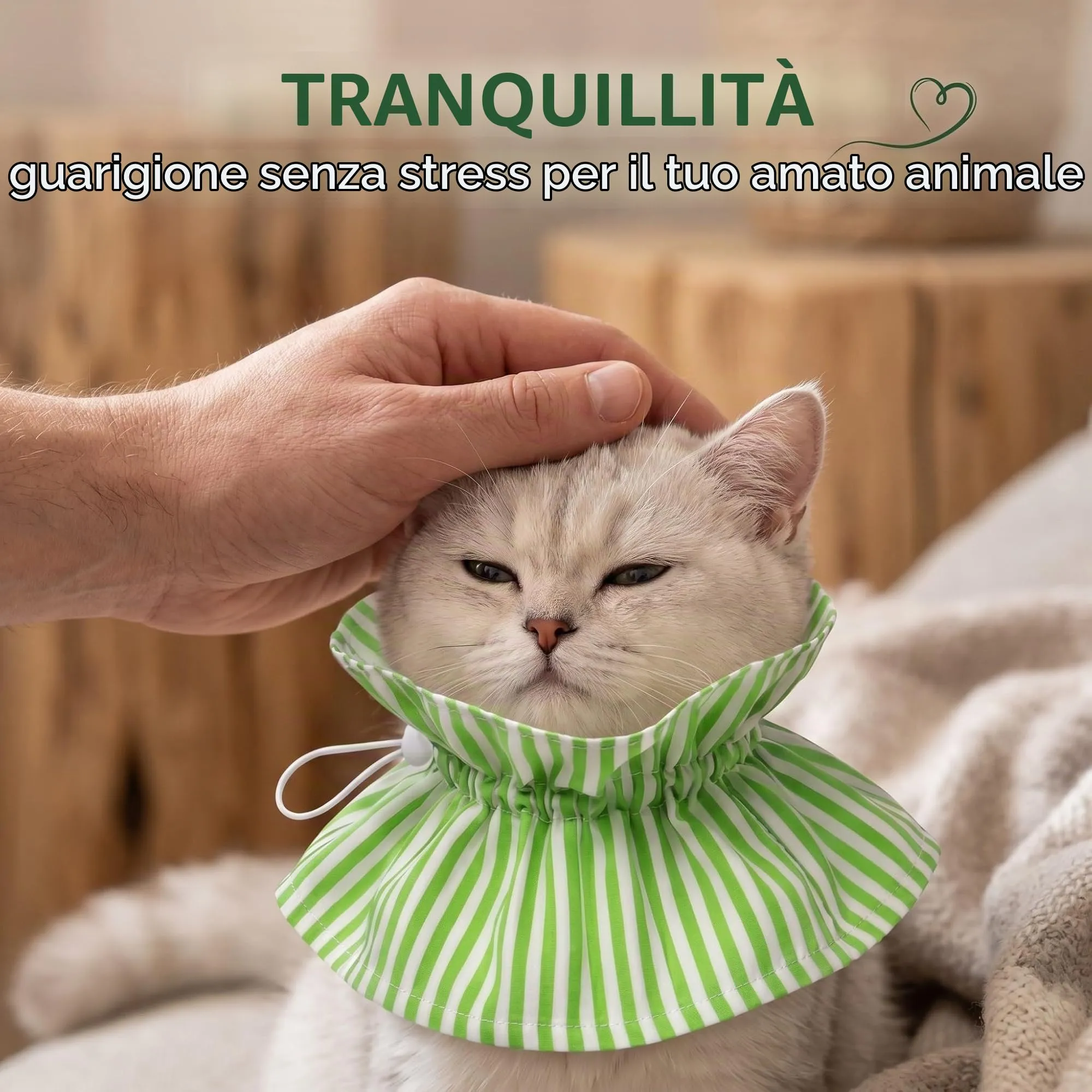 GWEOR Collare Elisabettiano per Gatti e Cani Piccoli, Morbido e Regolabile, Protezione Post Operatoria Anti-Morso e Anti-Leccamento, Verde a Righe - immagine 2