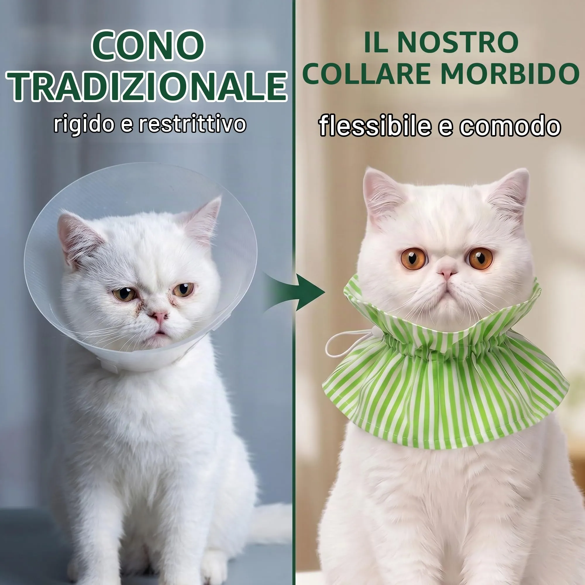 GWEOR Collare Elisabettiano per Gatti e Cani Piccoli, Morbido e Regolabile, Protezione Post Operatoria Anti-Morso e Anti-Leccamento, Verde a Righe - immagine 5