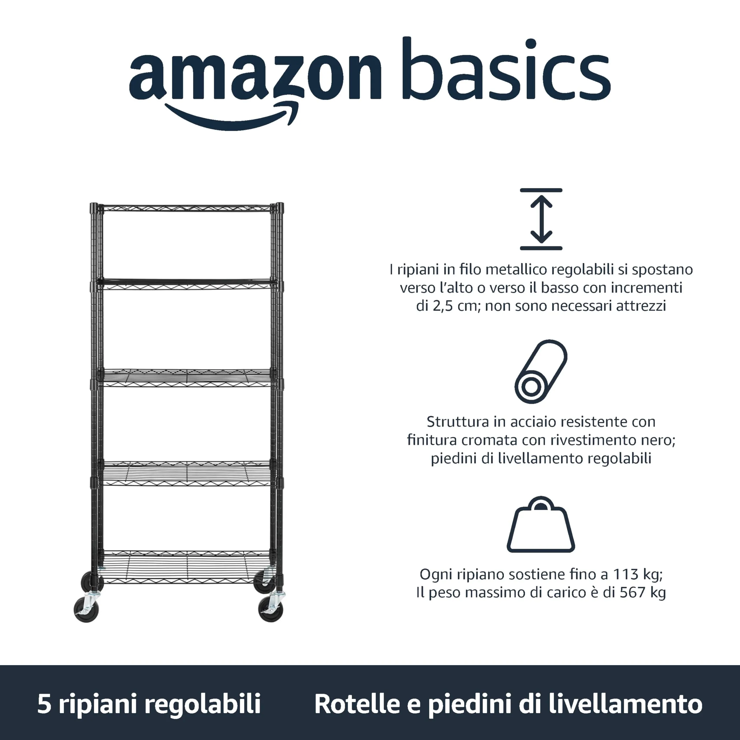 Amazon Basics Scaffaliera a 5 ripiani con rotelle, Nero, 35,6 x 76,2 x 164,5 cm - immagine 2