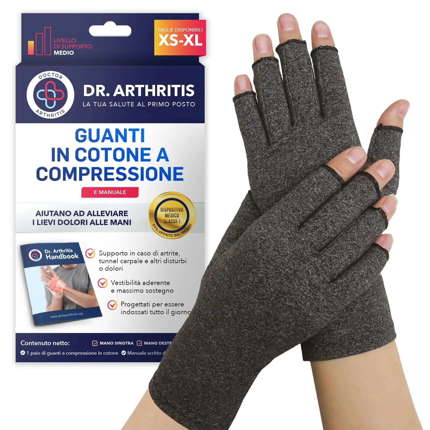 Dr. Arthritis Guanti a Compressione per Artrosi e Tunnel Carpale, Senza Dita, Cotone, Taglia M, Grigio - immagine 1