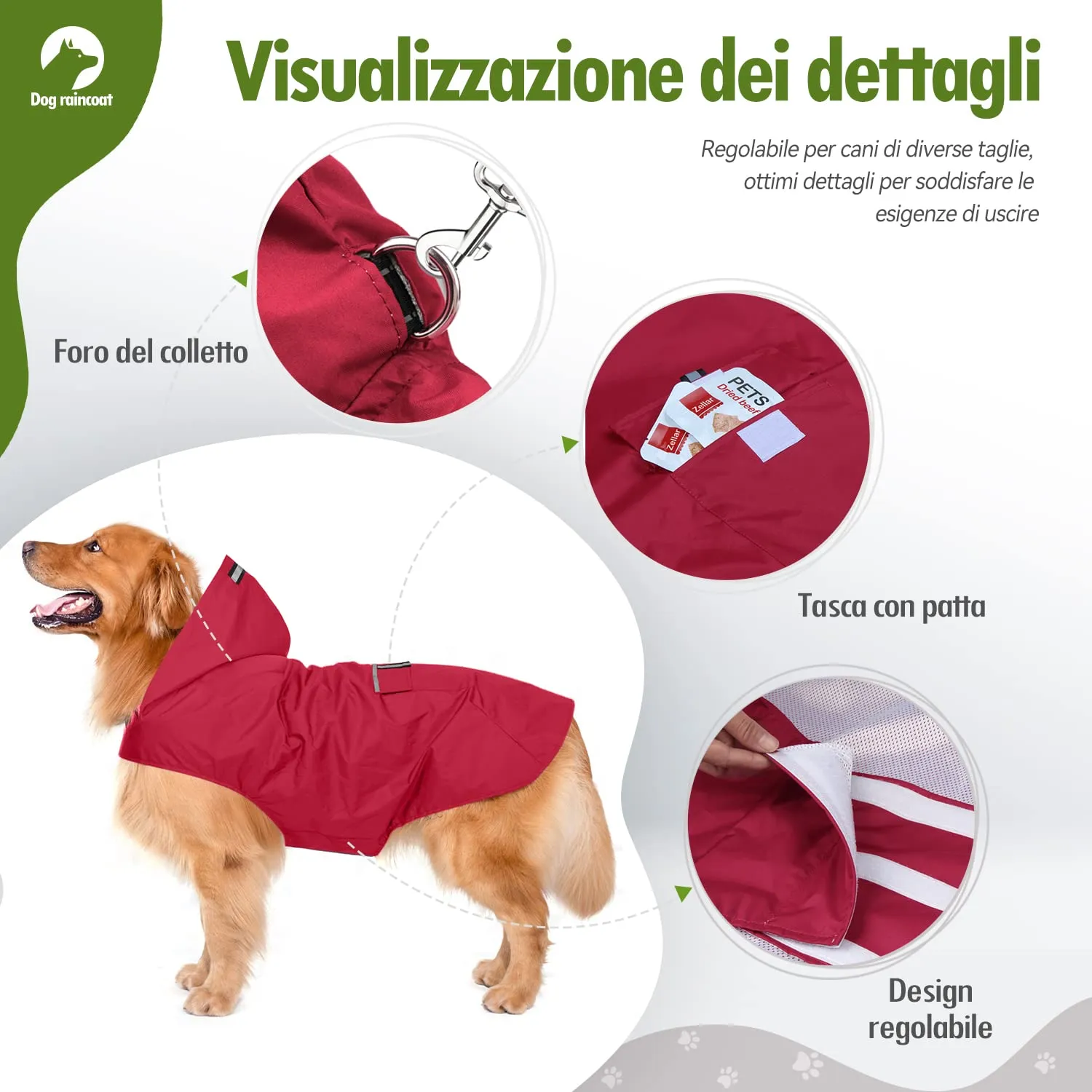 Zellar Impermeabile per Cani con Cappuccio, Foro per Colletto e Strisce Riflettenti, Taglia Media Large, Rosso - immagine 3