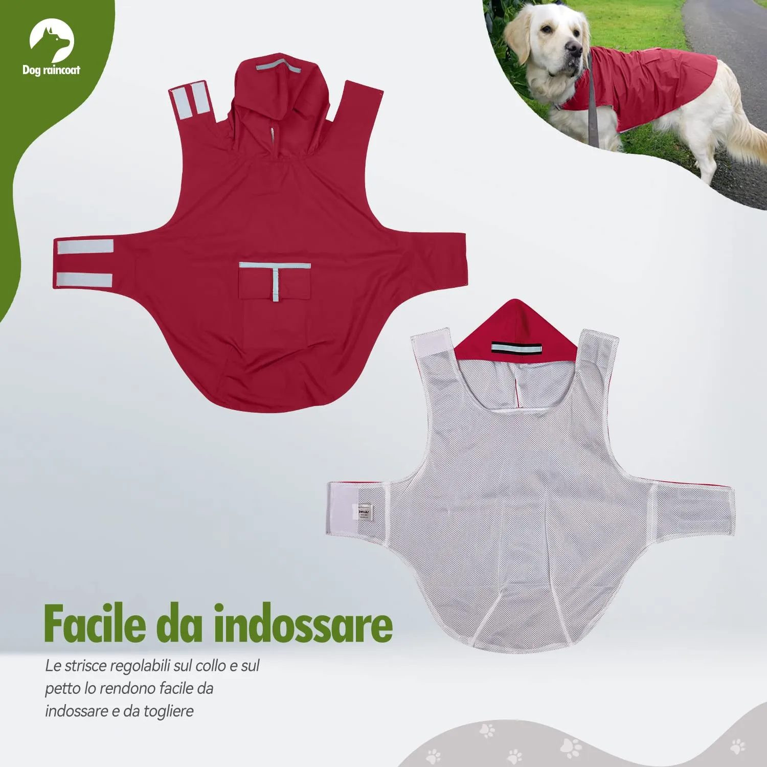 Zellar Impermeabile per Cani con Cappuccio, Foro per Colletto e Strisce Riflettenti, Taglia Media Large, Rosso - immagine 4