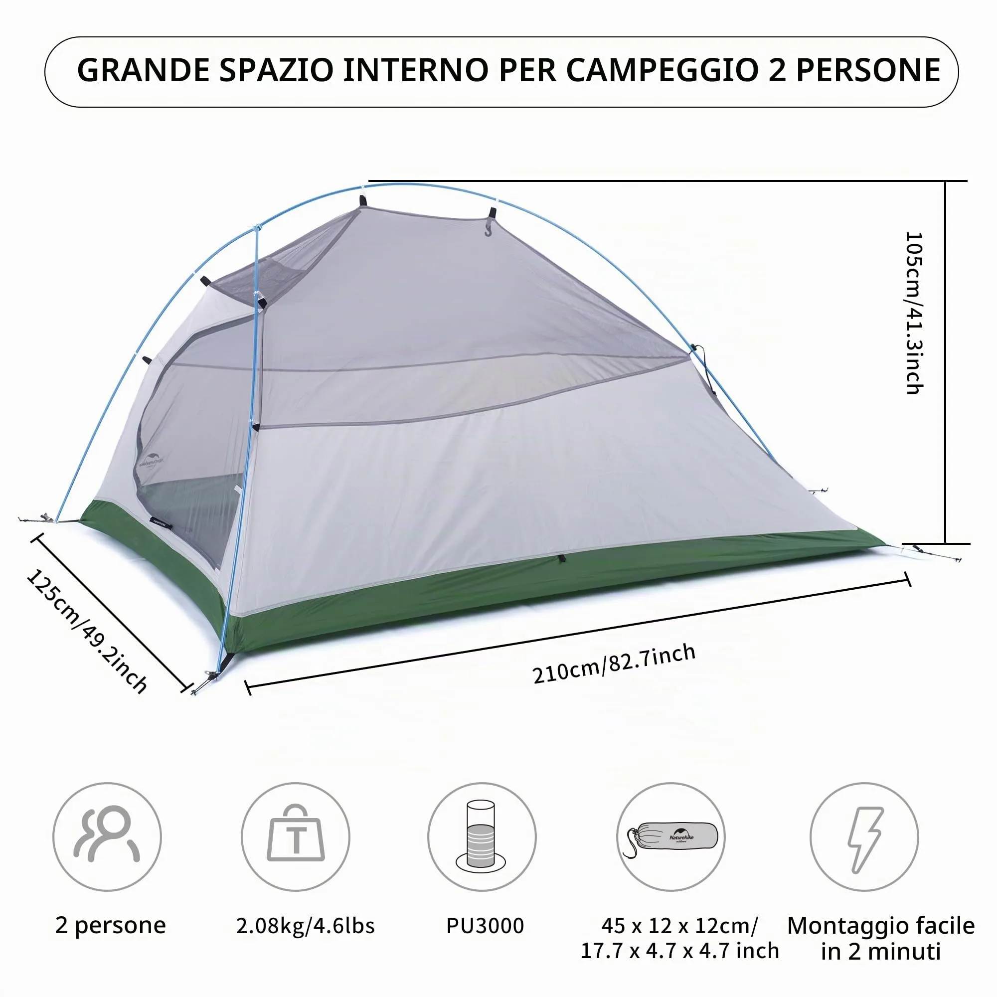 Naturehike Cloud-Up 2 Tenda da Campeggio 2 Persone 3-4 Stagioni Leggera Verde 210T - immagine 2