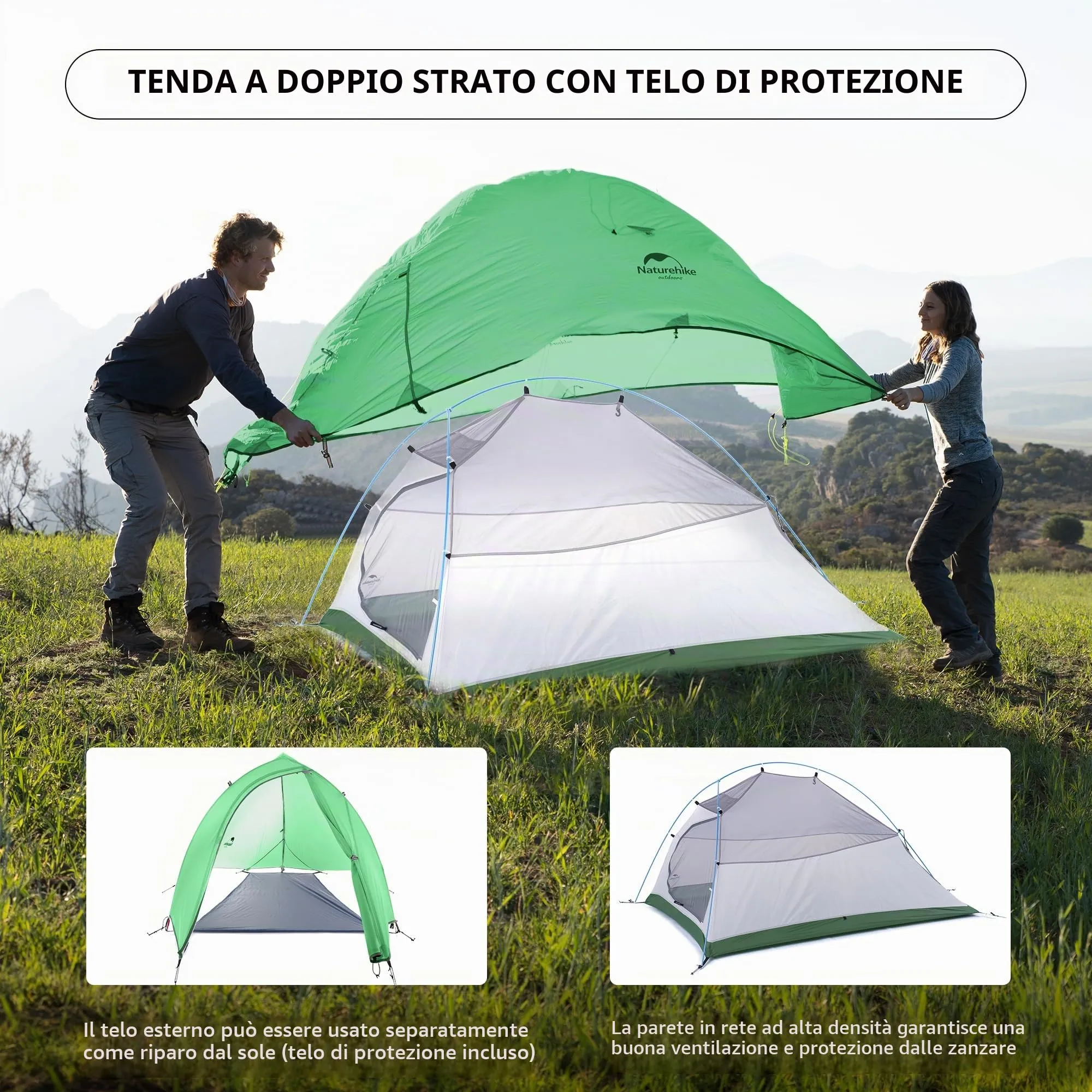 Naturehike Cloud-Up 2 Tenda da Campeggio 2 Persone 3-4 Stagioni Leggera Verde 210T - immagine 3