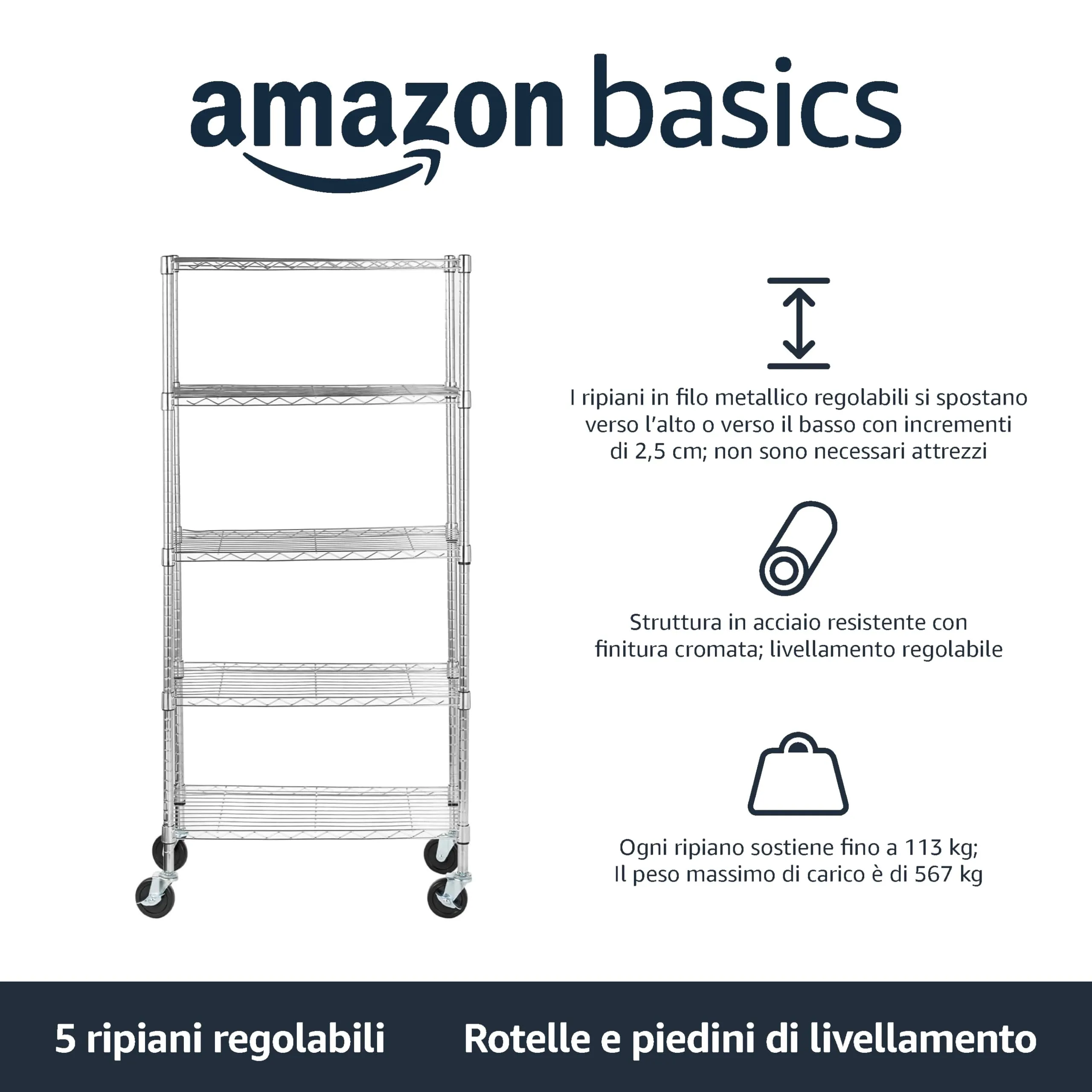 Amazon Basics Scaffaliera 5 Ripiani, Cromo, 36 x 76 x 164 cm - immagine 2