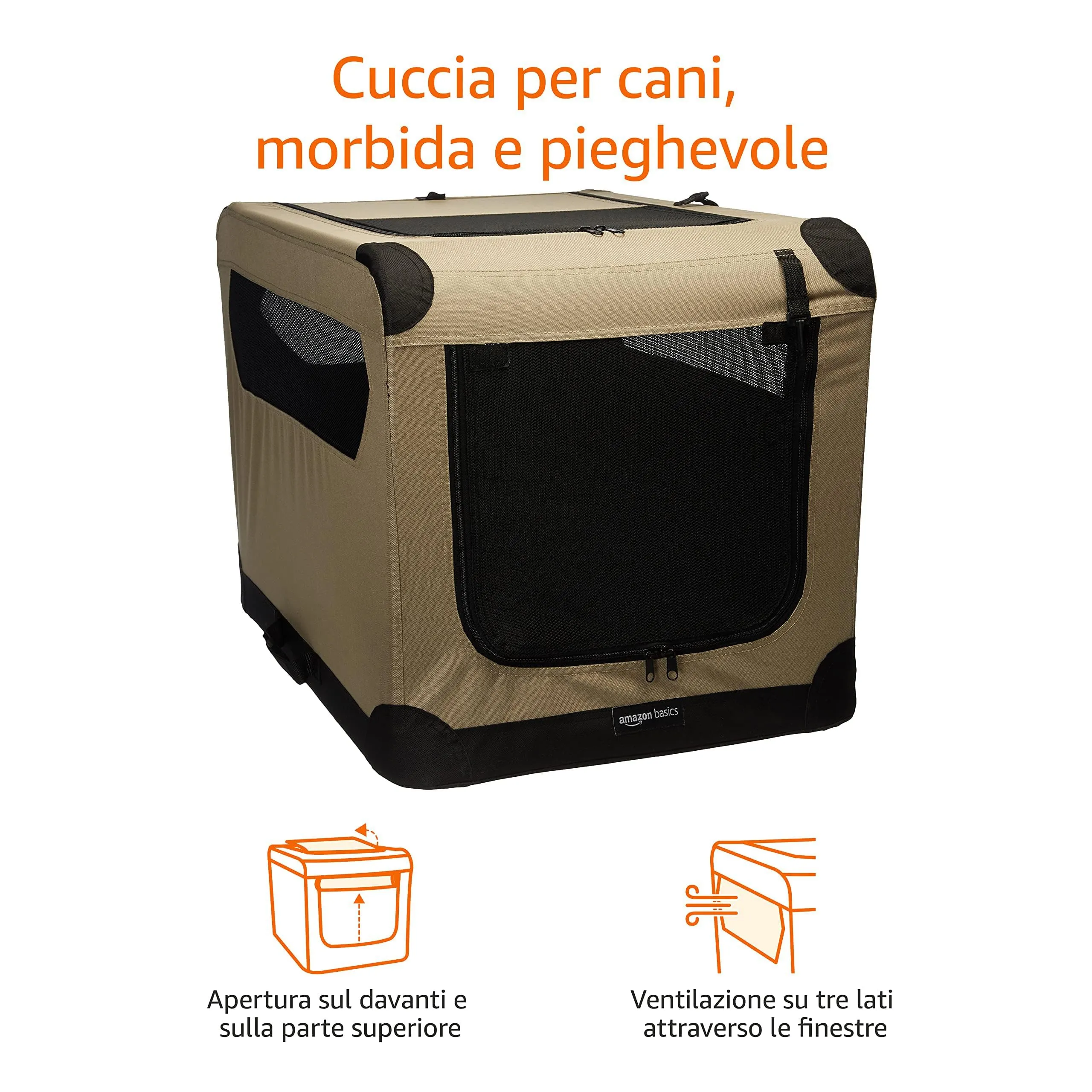 Amazon Basics Trasportino Portatile e Pieghevole a 2 Porte per Cani e Gatti, Tan, M (76 x 54 x 54 cm) - immagine 5
