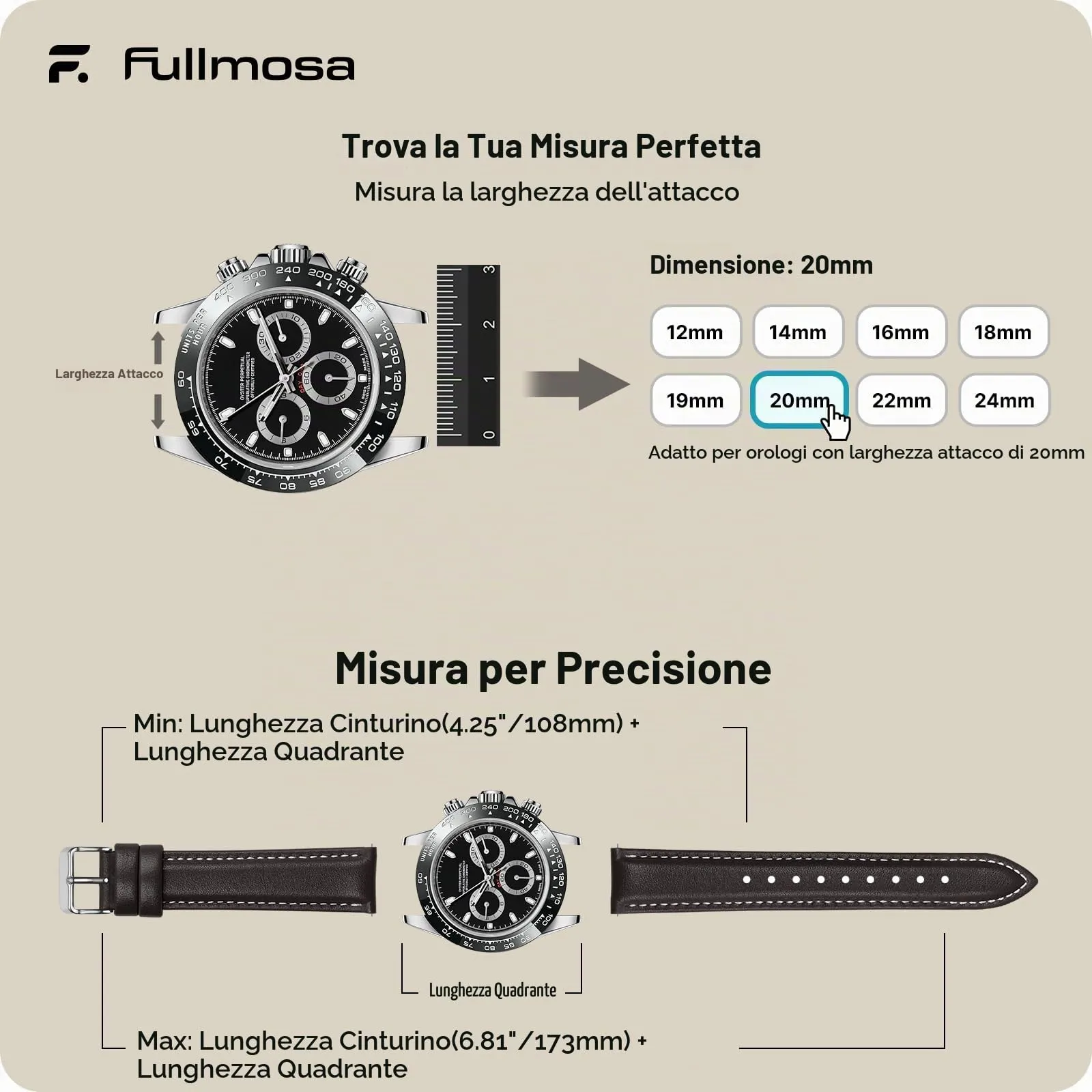 Fullmosa Cinturino in Pelle 20mm a Sgancio Rapido, Marrone Scuro - immagine 5