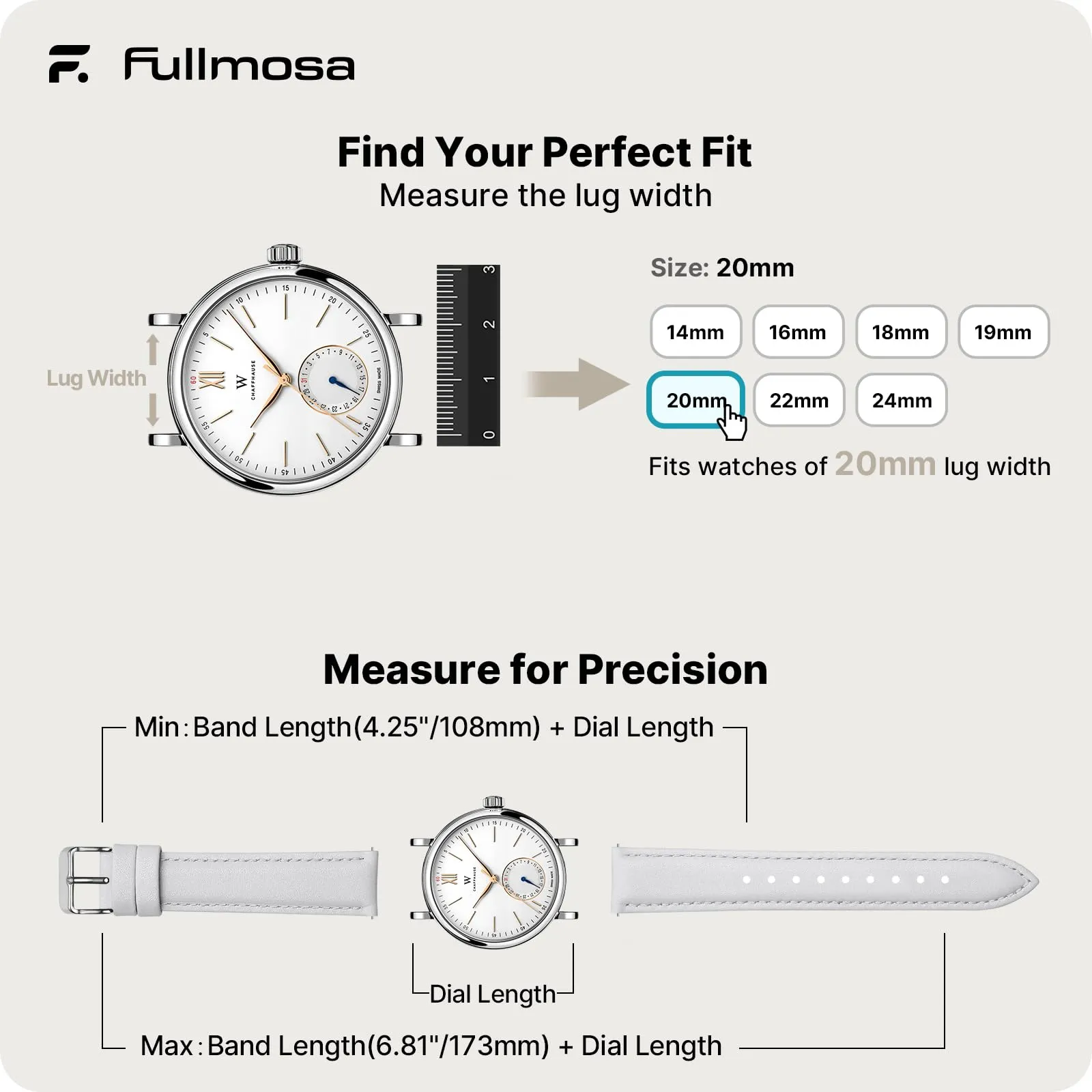 Fullmosa Cinturino in Pelle 20mm a Sgancio Rapido, Bianco - immagine 5