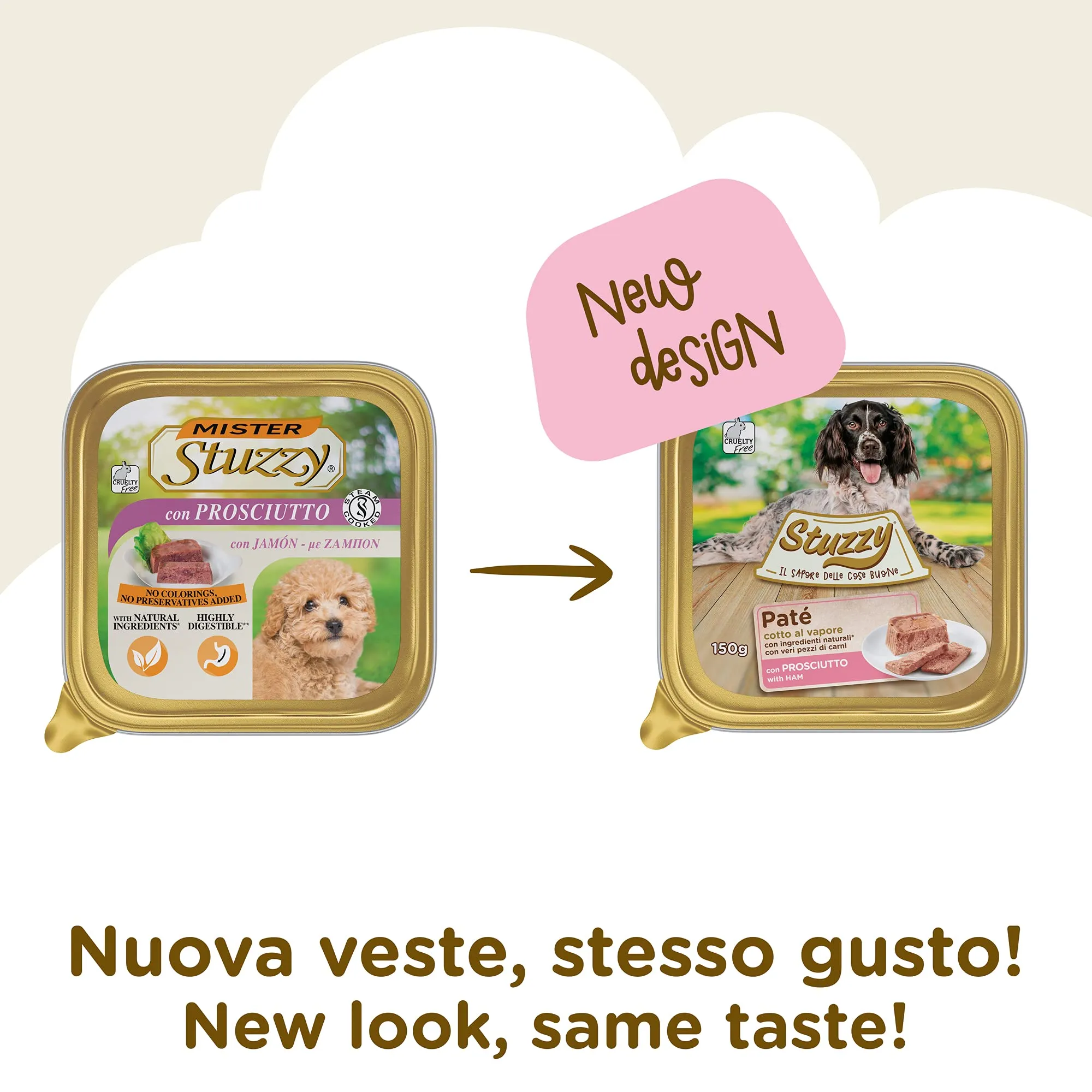 Stuzzy Cibo Umido per Cani Adulti al Gusto Prosciutto, Paté e Carni in Pezzi, 3,3 kg (22 x 150 g) - immagine 2