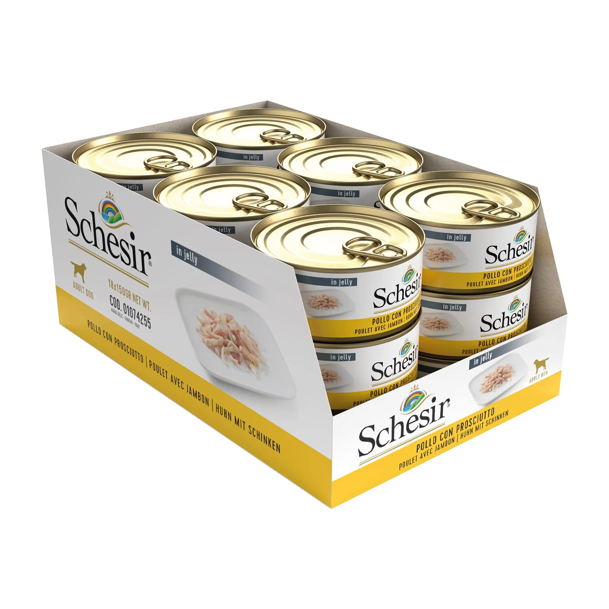 Schesir Cibo Umido per Cani Adulti Pollo con Prosciutto in Gelatina, 2,7kg (18 x 150g) - immagine 3