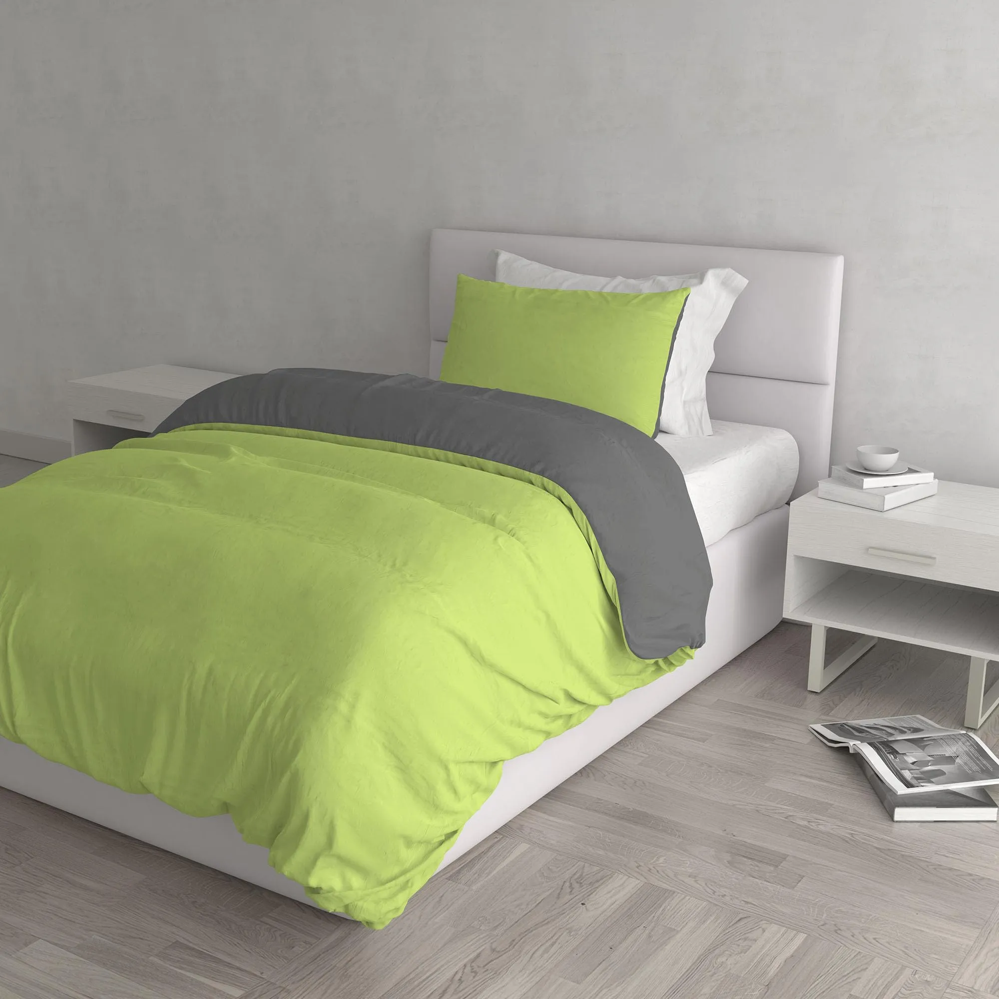 Italian Bed Linen Set Copripiumino 100% Cotone Natural Color, 200x200 cm, Piazza e Mezza, Verde Acido/Grigio Scuro - immagine 1