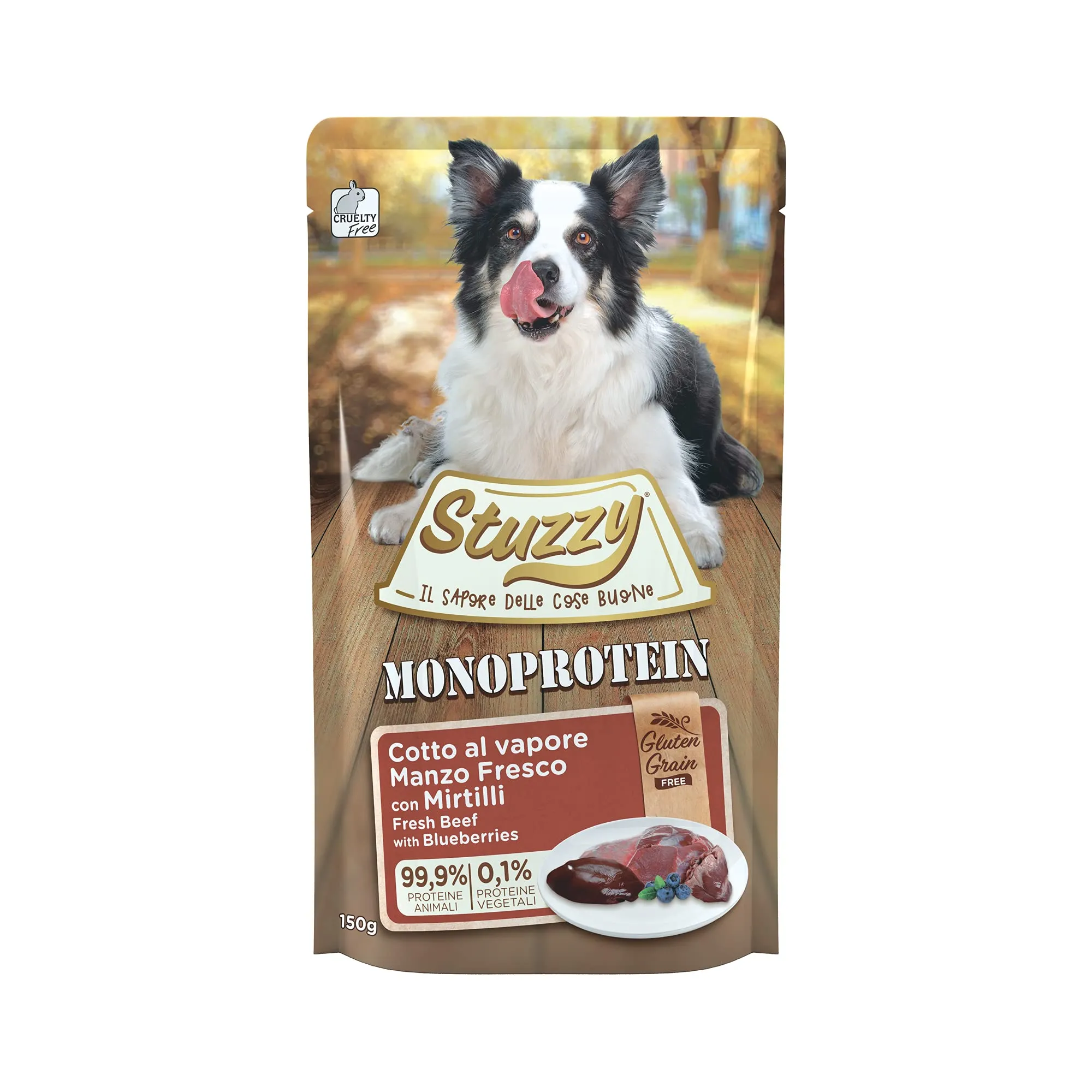 Stuzzy Monoprotein Grain & Gluten Free Cibo Umido per Cani Adulti con Manzo Fresco e Mirtilli Patè, 1.8kg (12 Buste da 150g) - immagine 1