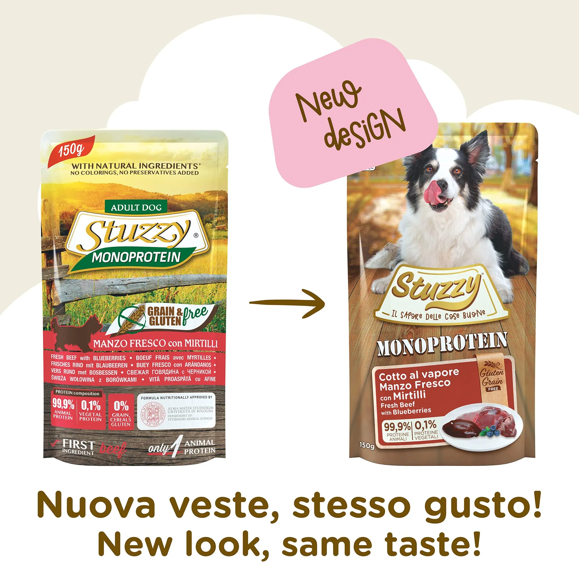 Stuzzy Monoprotein Grain & Gluten Free Cibo Umido per Cani Adulti con Manzo Fresco e Mirtilli Patè, 1.8kg (12 Buste da 150g) - immagine 2