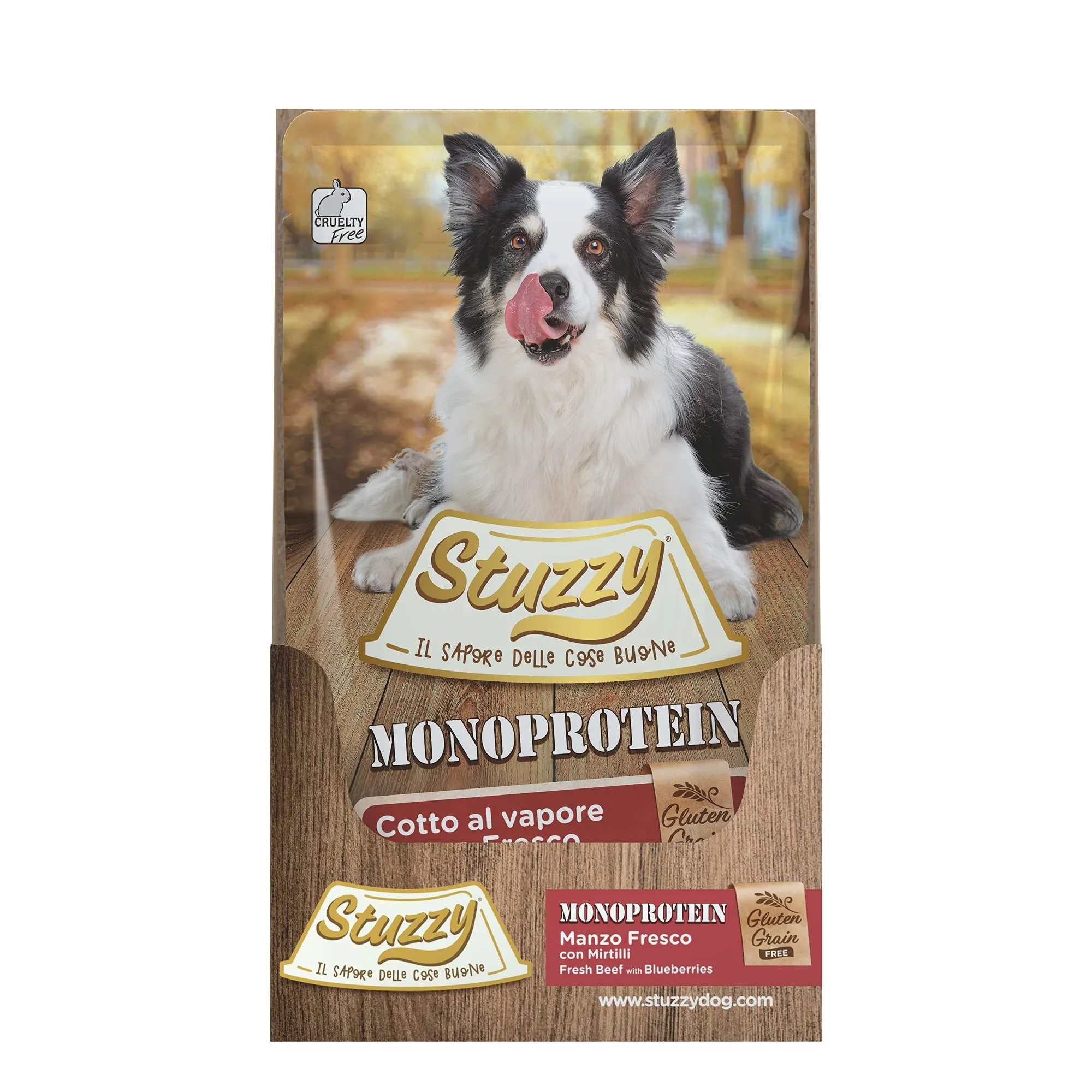 Stuzzy Monoprotein Grain & Gluten Free Cibo Umido per Cani Adulti con Manzo Fresco e Mirtilli Patè, 1.8kg (12 Buste da 150g) - immagine 3