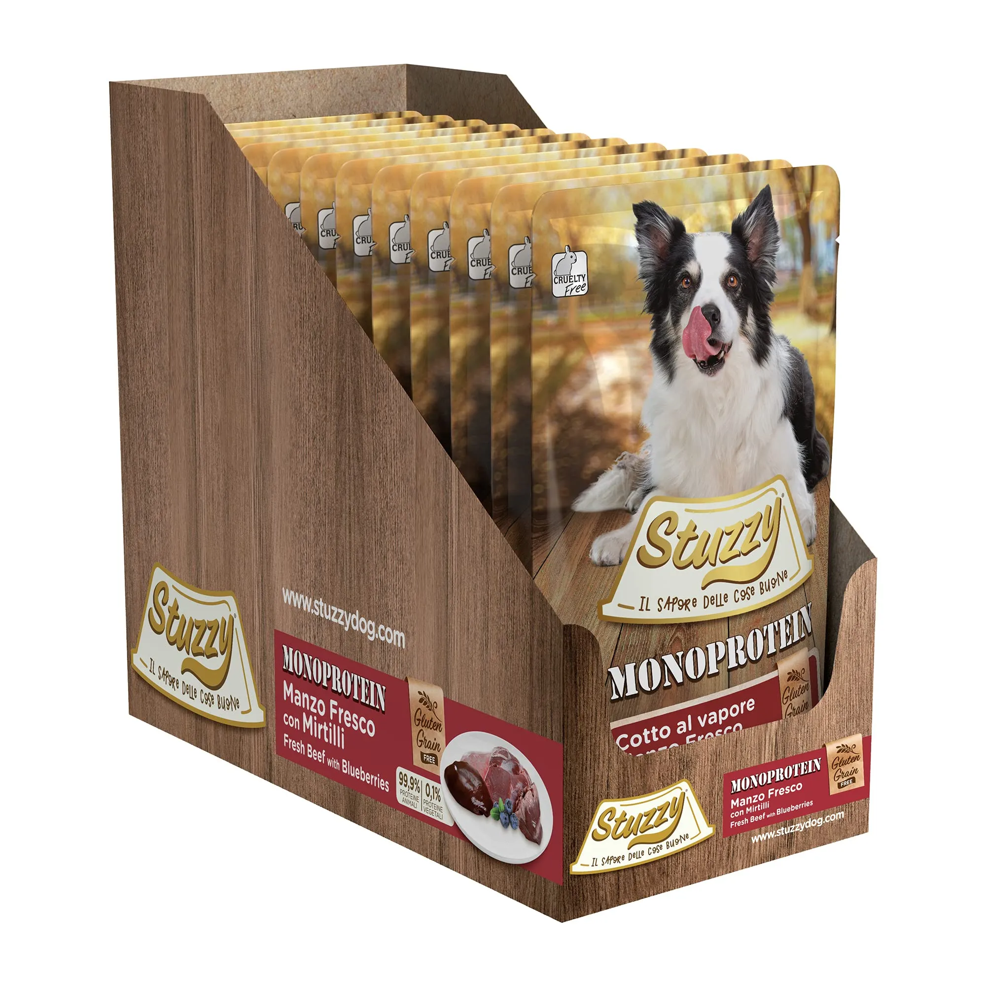 Stuzzy Monoprotein Grain & Gluten Free Cibo Umido per Cani Adulti con Manzo Fresco e Mirtilli Patè, 1.8kg (12 Buste da 150g) - immagine 4