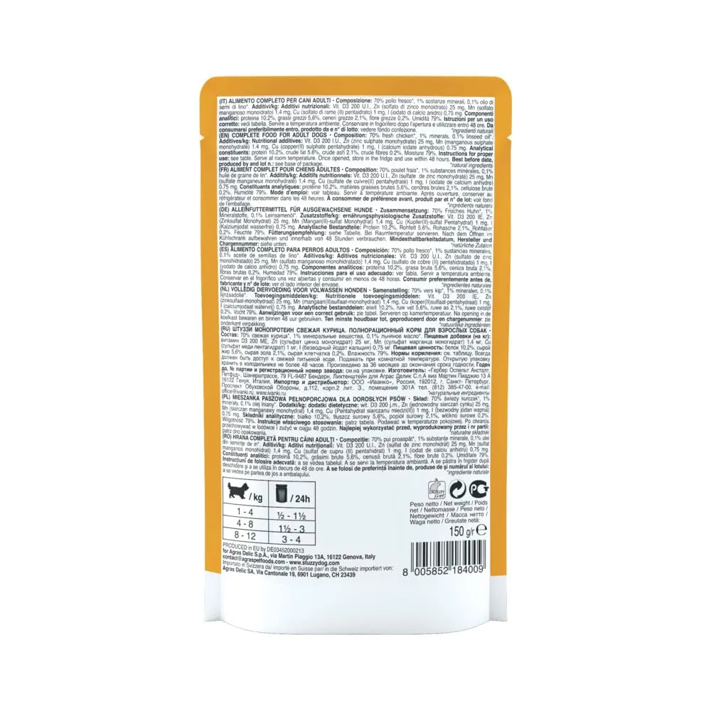 Stuzzy Monoprotein Grain & Gluten Free Cibo Umido per Cani Adulti al Pollo, Patè, 1.8kg (12 Buste da 150g) - immagine 2