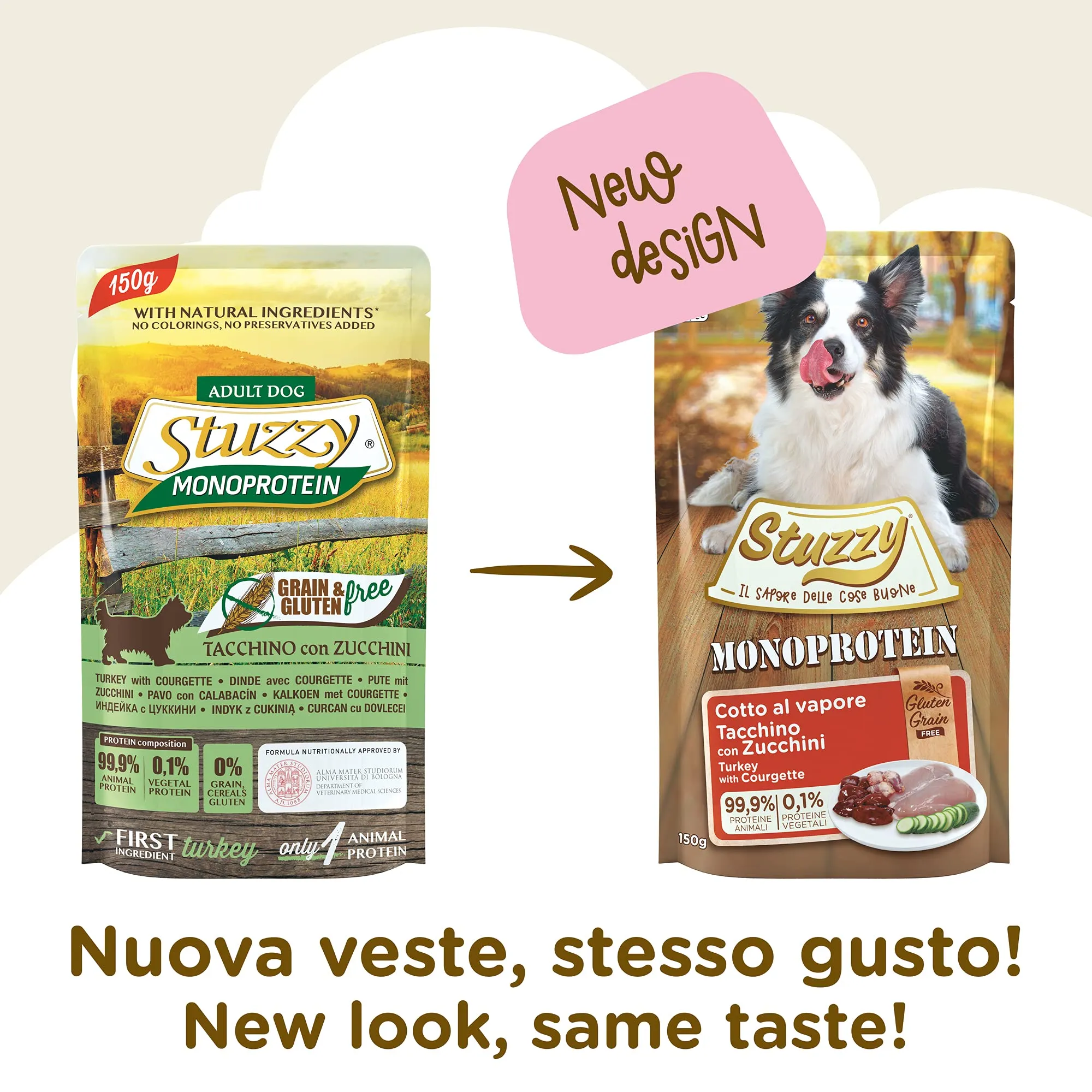 Stuzzy Monoprotein Grain & Gluten Free Cibo Umido per Cani Adulti con Tacchino e Zucchine, Patè, 1,8kg (12 Buste da 150g) - immagine 2