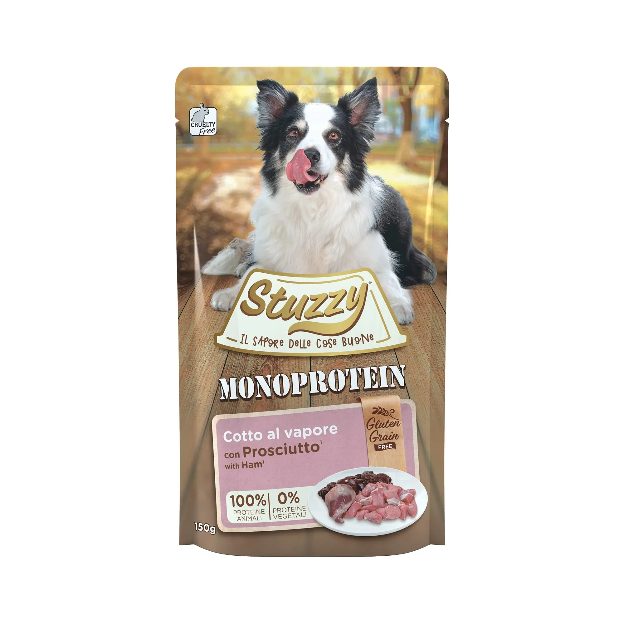 Stuzzy Monoprotein Grain & Gluten Free Cibo Umido per Cani Adulti al Gusto Prosciutto in Patè, 1.8kg (12 Buste da 150g) - immagine 1