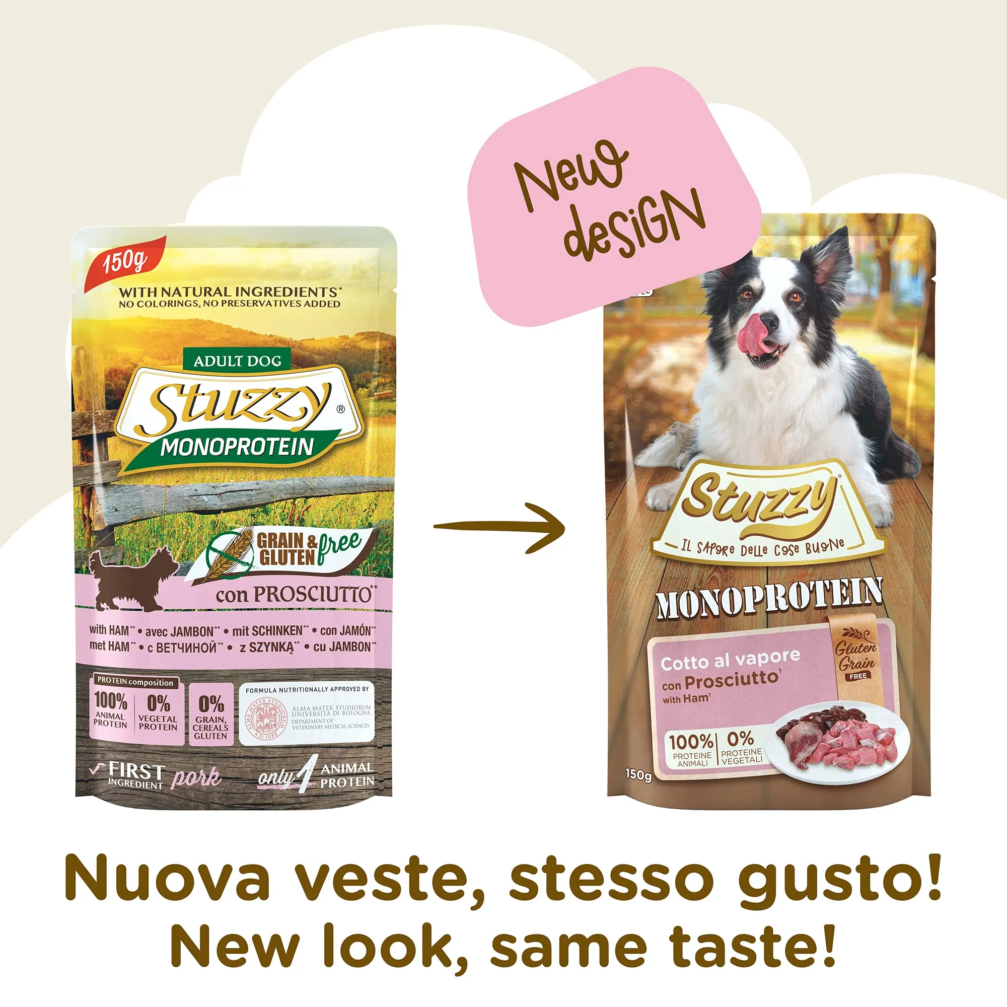 Stuzzy Monoprotein Grain & Gluten Free Cibo Umido per Cani Adulti al Gusto Prosciutto in Patè, 1.8kg (12 Buste da 150g) - immagine 2