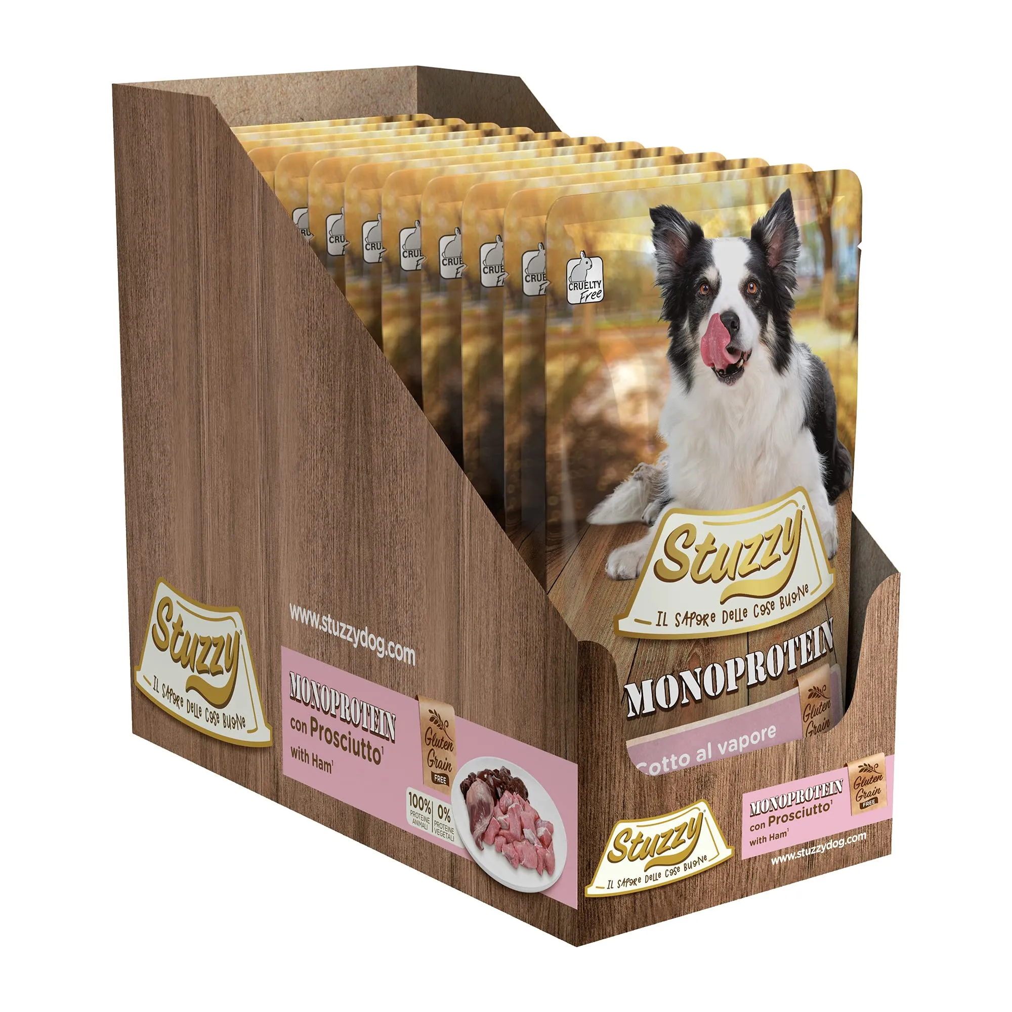 Stuzzy Monoprotein Grain & Gluten Free Cibo Umido per Cani Adulti al Gusto Prosciutto in Patè, 1.8kg (12 Buste da 150g) - immagine 4
