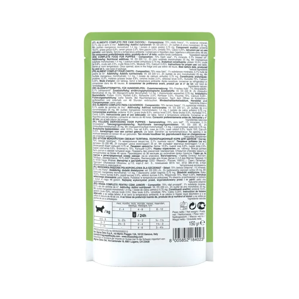 Stuzzy Monoprotein Grain & Gluten Free Cibo Umido per Cani Cuccioli al Gusto Vitello Fresco in Patè, 1,8 kg (12 Buste da 150 g) - immagine 2