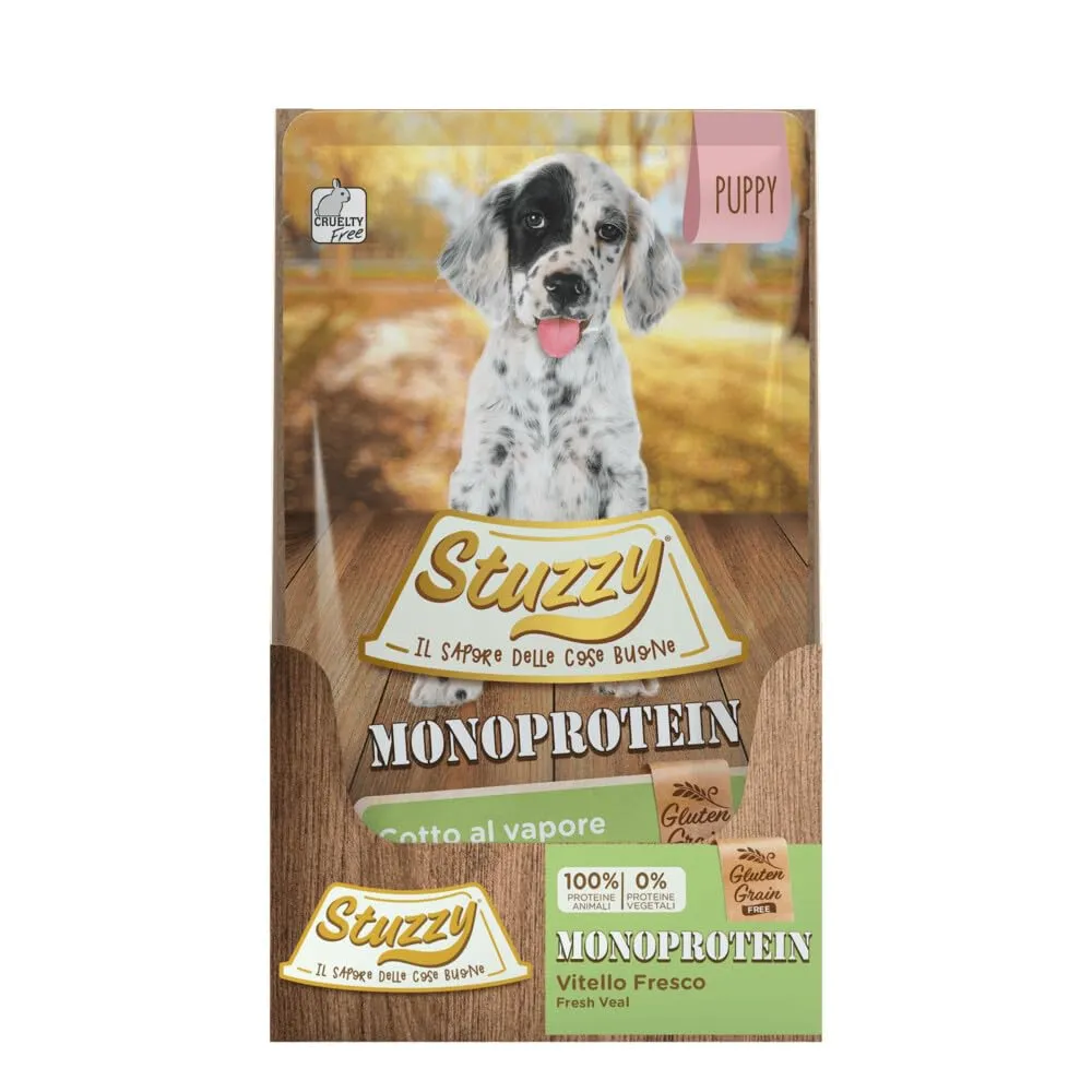 Stuzzy Monoprotein Grain & Gluten Free Cibo Umido per Cani Cuccioli al Gusto Vitello Fresco in Patè, 1,8 kg (12 Buste da 150 g) - immagine 3