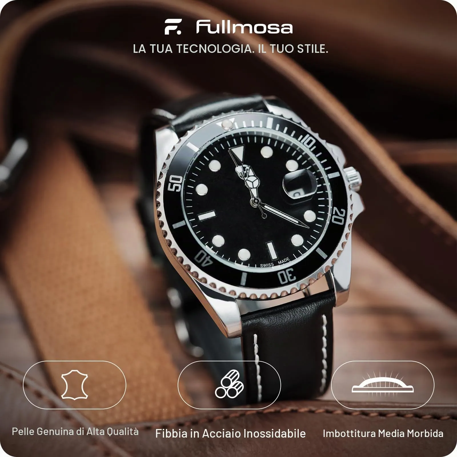 Fullmosa Cinturino per Orologio 18mm in Pelle a Sgancio Rapido, Nero - immagine 2