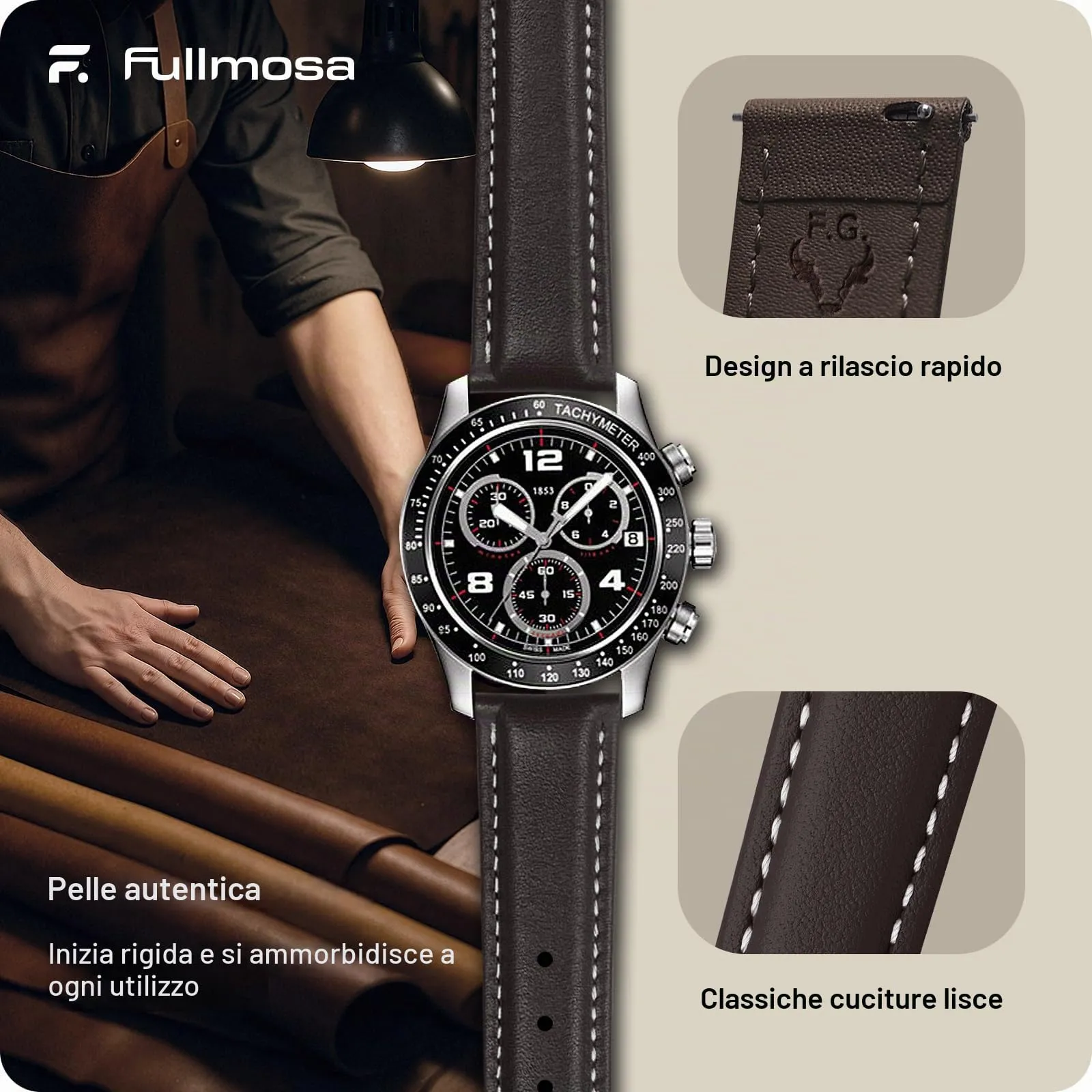 Fullmosa Cinturino in Pelle 22mm a Sgancio Rapido, Marrone Scuro - immagine 4