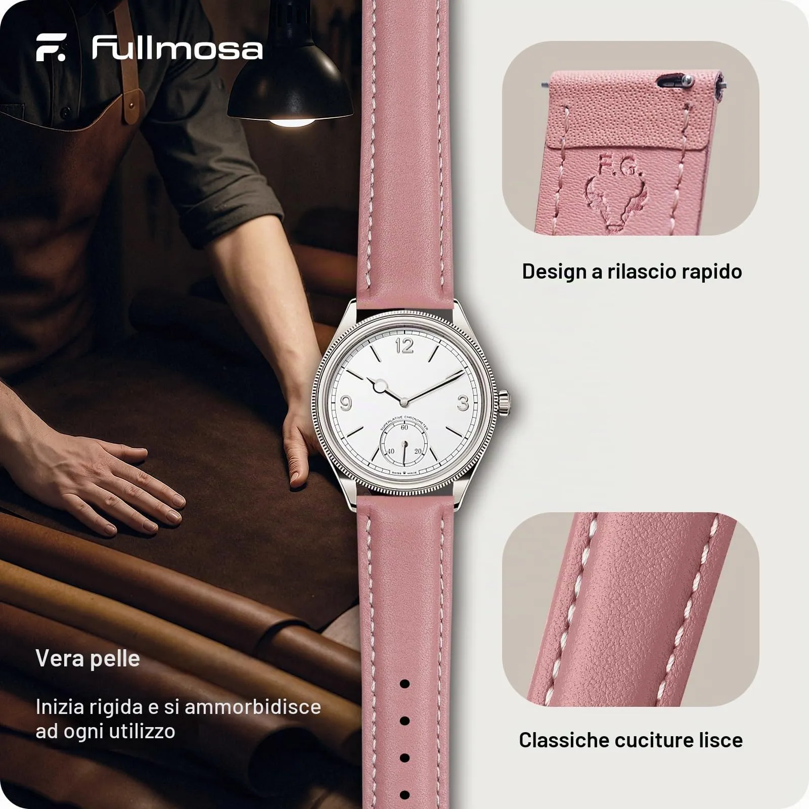 Fullmosa Cinturino in Pelle 22mm a Sgancio Rapido, Rosa - immagine 4