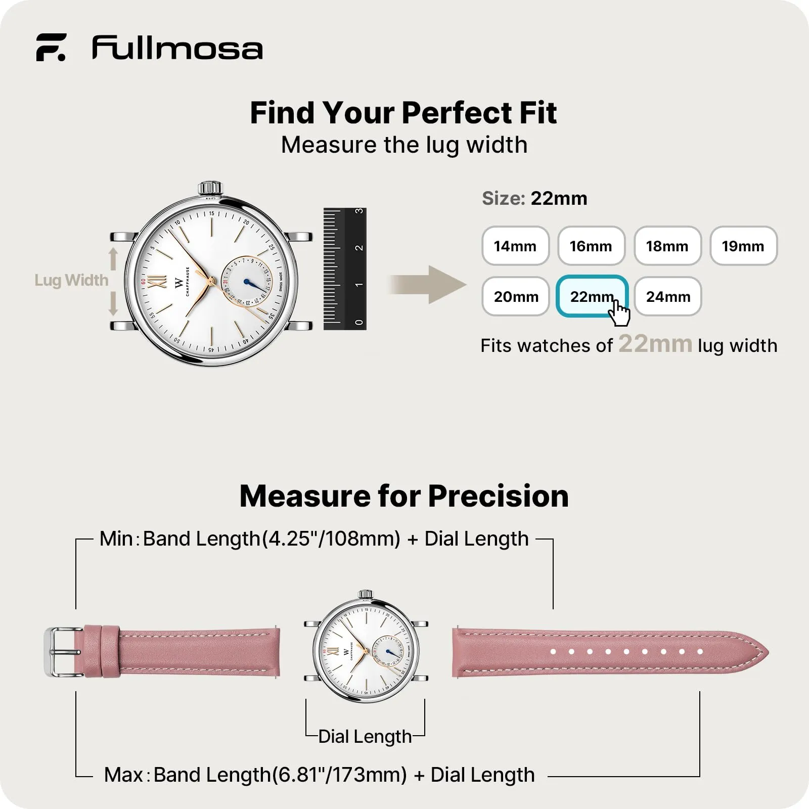 Fullmosa Cinturino in Pelle 22mm a Sgancio Rapido, Rosa - immagine 5