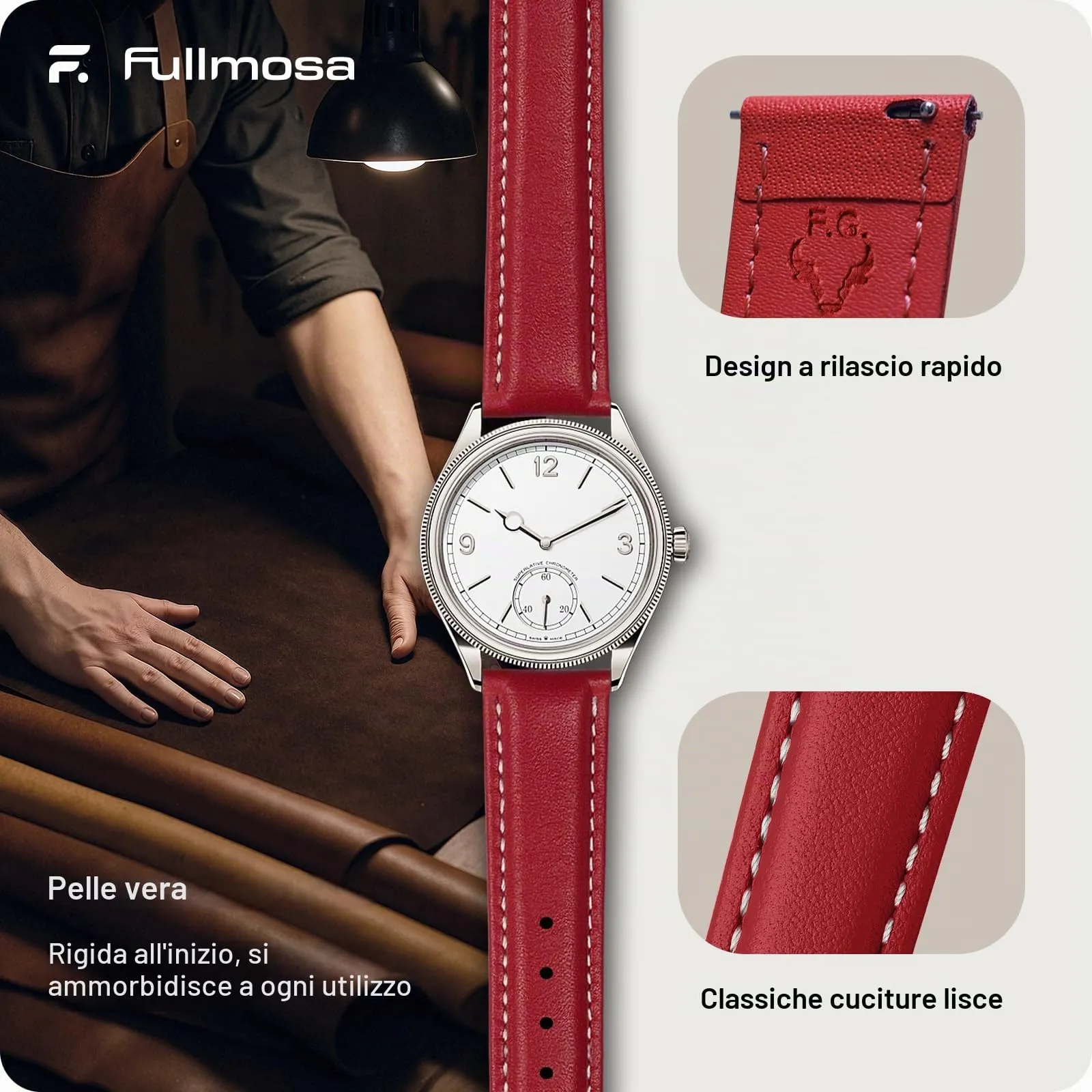 Fullmosa Cinturino in Pelle 20mm a Sgancio Rapido, Rosso - immagine 4