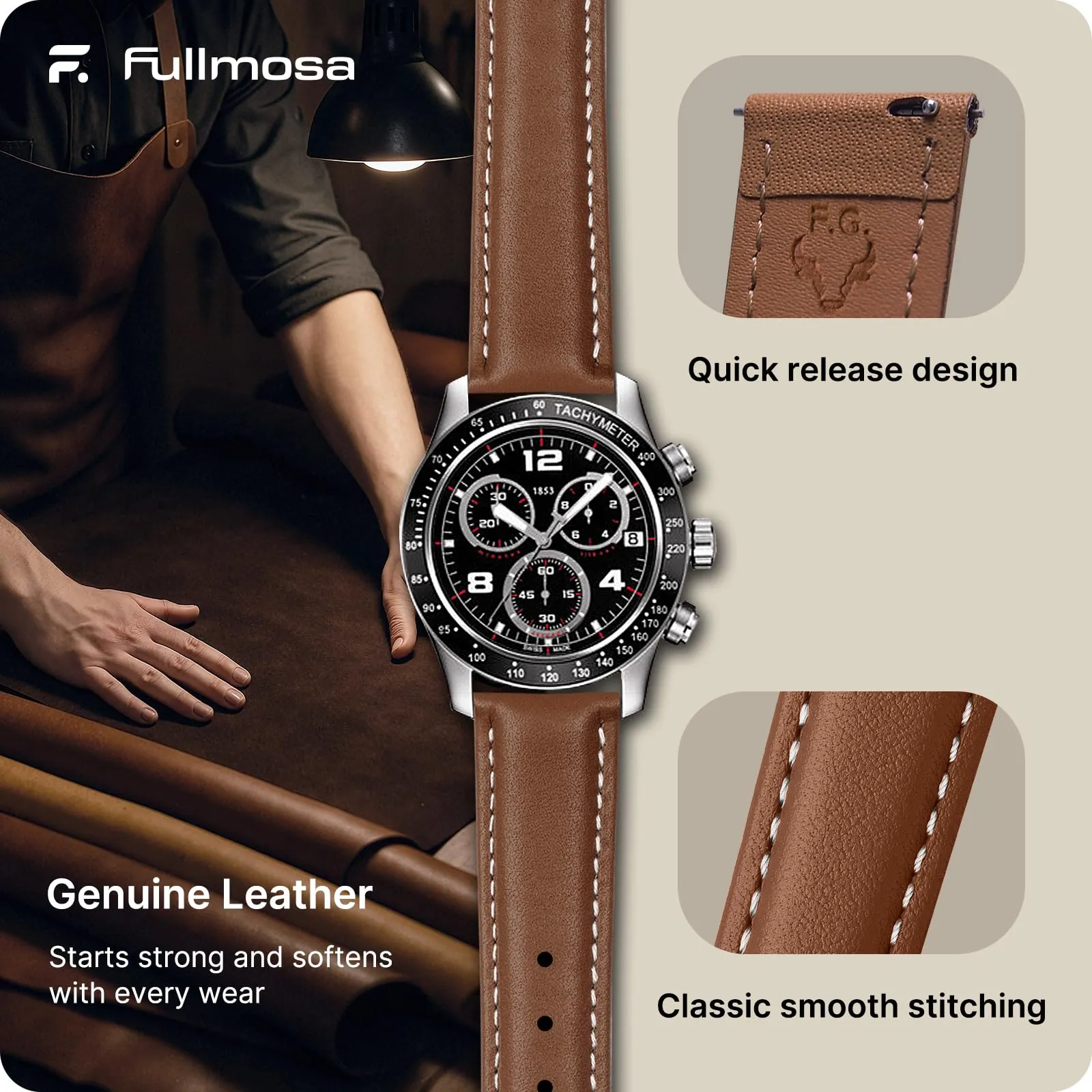Fullmosa Cinturino in Pelle 22mm a Sgancio Rapido, Marrone - immagine 4