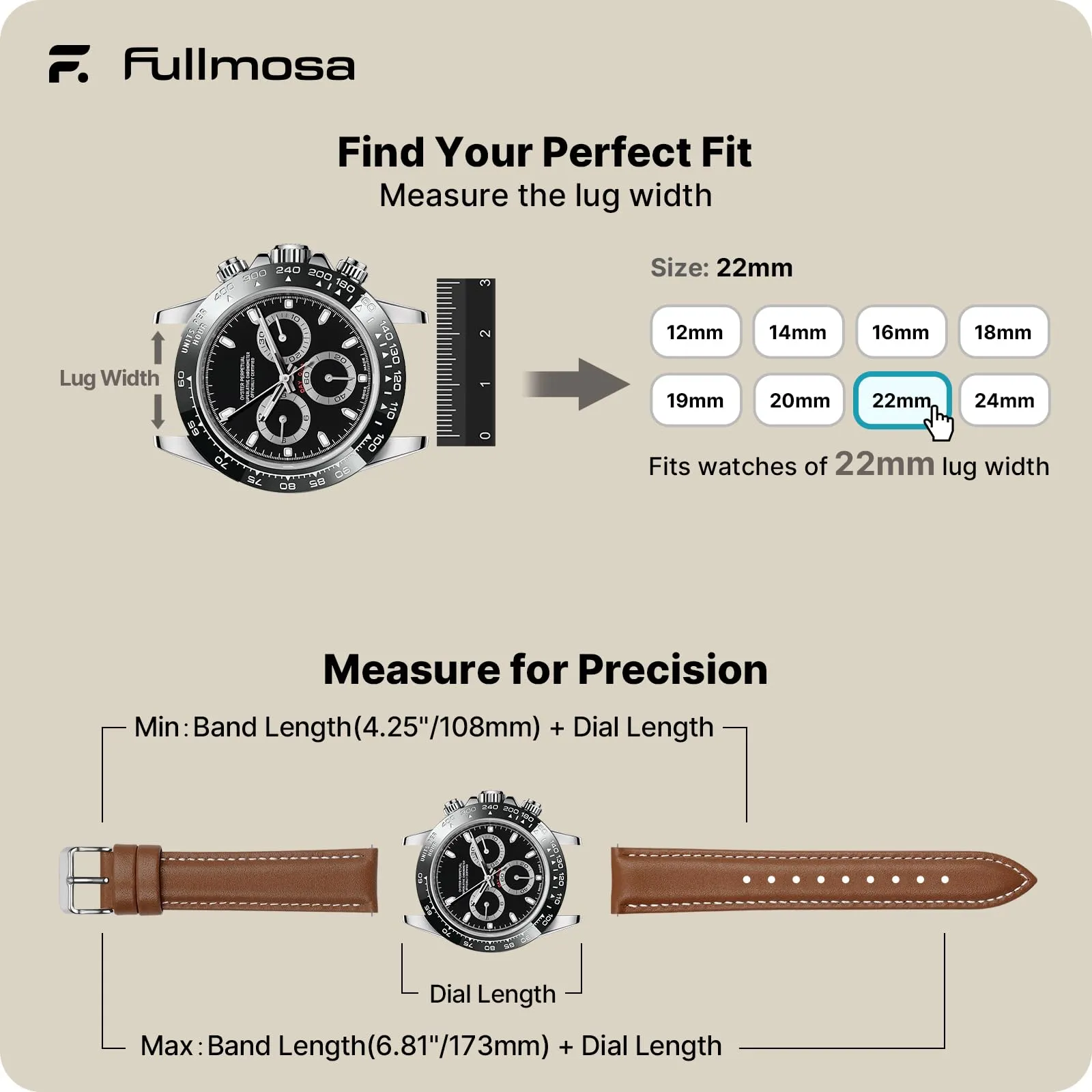 Fullmosa Cinturino in Pelle 22mm a Sgancio Rapido, Marrone - immagine 5