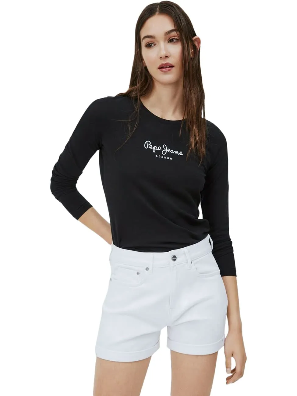 Pepe Jeans London New Virginia Women's Slim Fit Long Sleeve Cotton Stretch T-Shirt with Logo, Black - immagine 2