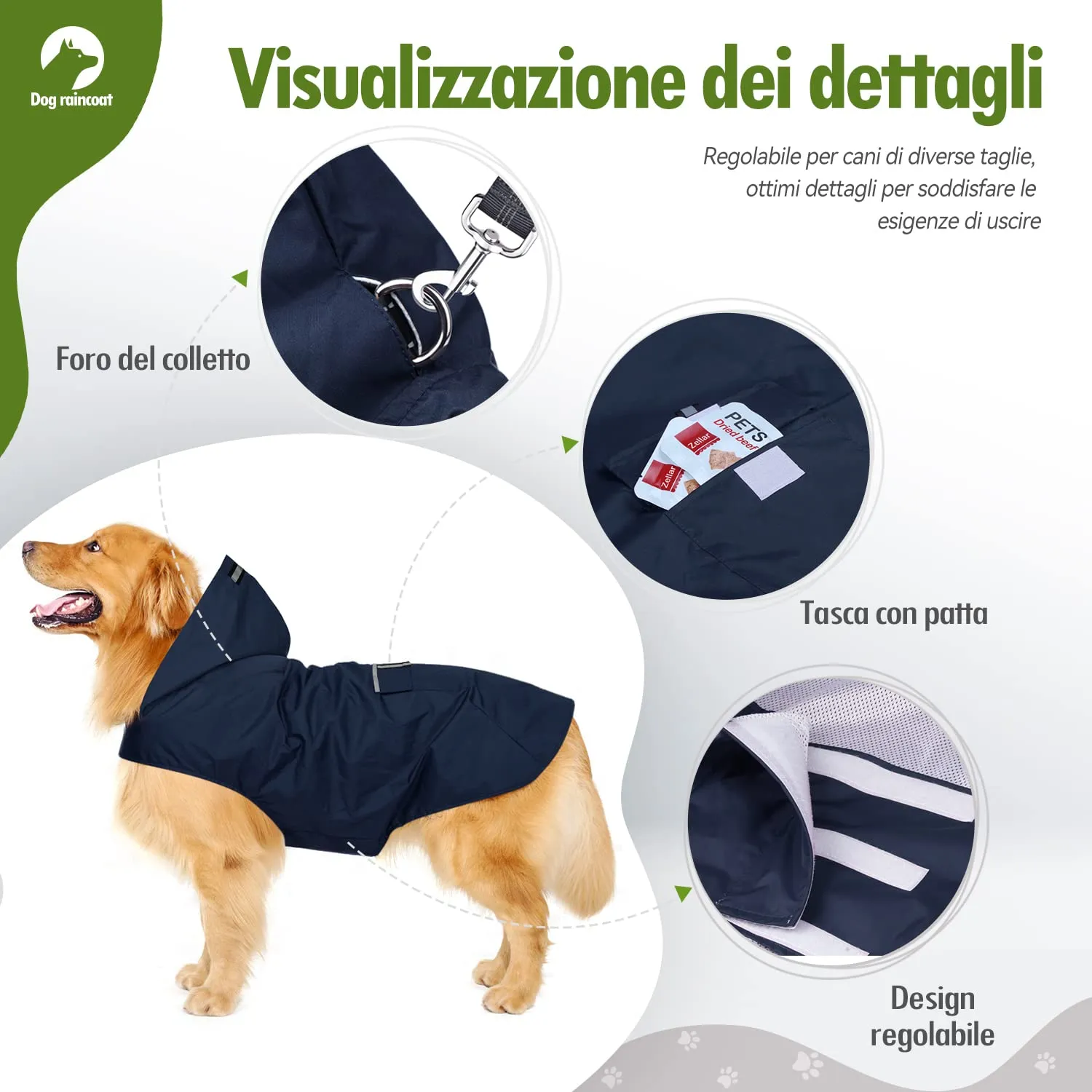 Zellar Impermeabile per Cani con Cappuccio, Foro per Colletto e Strisce Riflettenti, Taglia 3XL, Blu - immagine 3