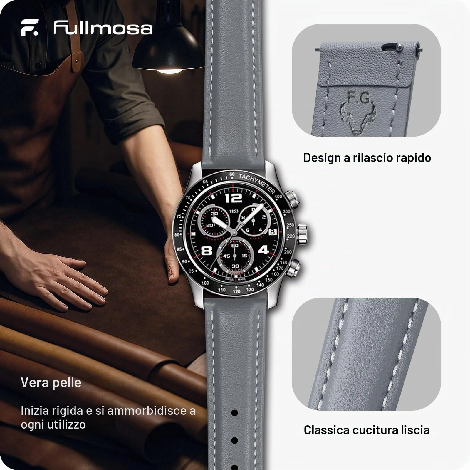 Fullmosa Cinturino in Pelle 20mm a Sgancio Rapido, Grigio - immagine 4