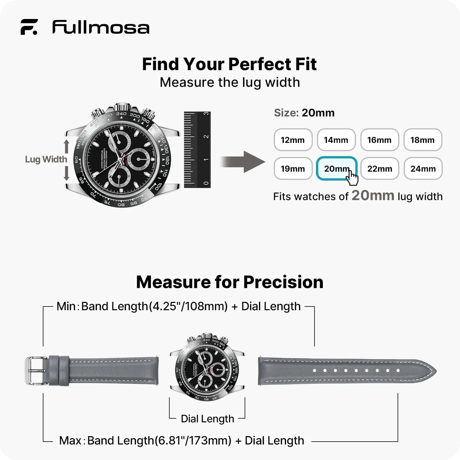 Fullmosa Cinturino in Pelle 20mm a Sgancio Rapido, Grigio - immagine 5