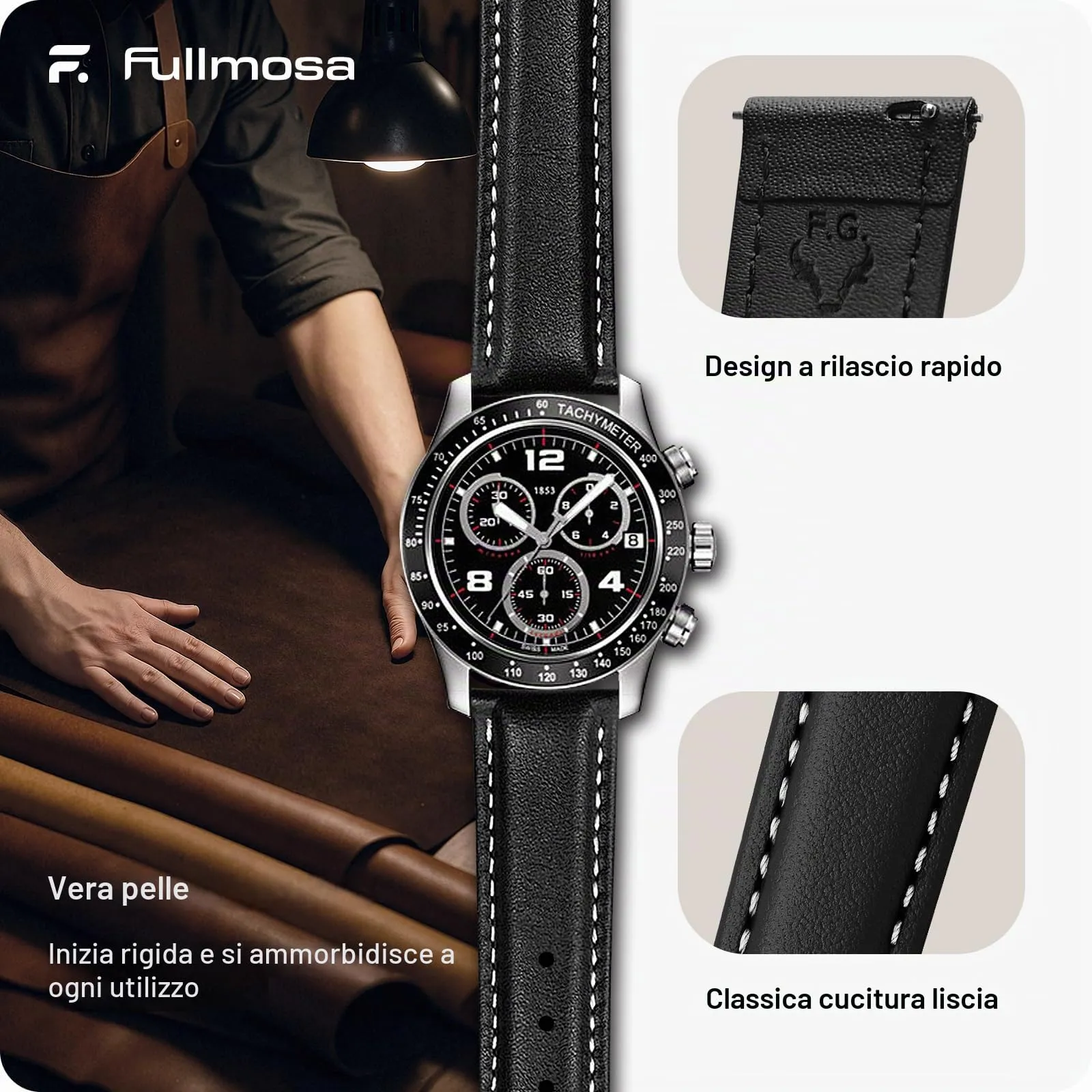 Fullmosa Cinturino in Pelle 20mm per Orologio a Sgancio Rapido, Nero - immagine 4