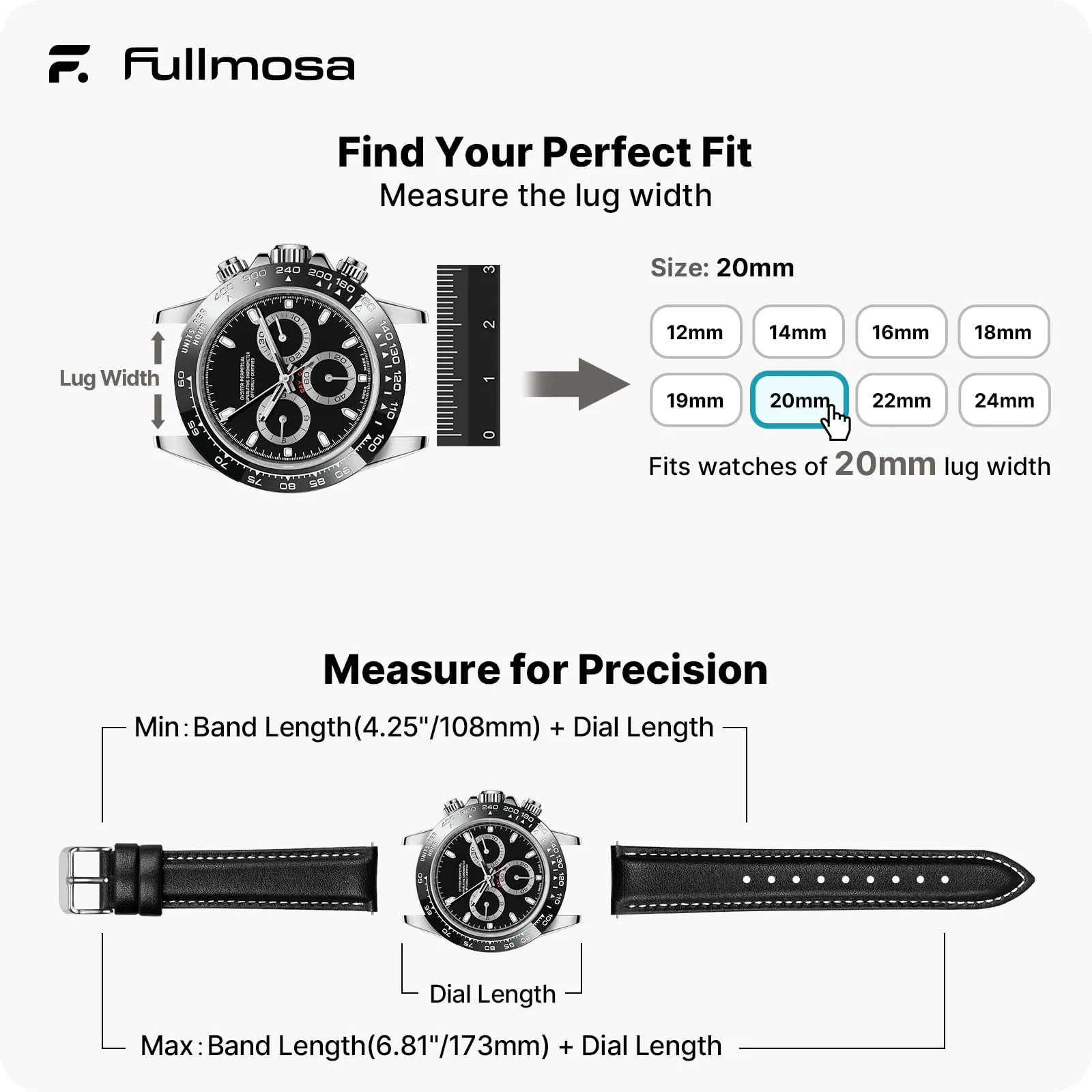 Fullmosa Cinturino in Pelle 20mm per Orologio a Sgancio Rapido, Nero - immagine 5