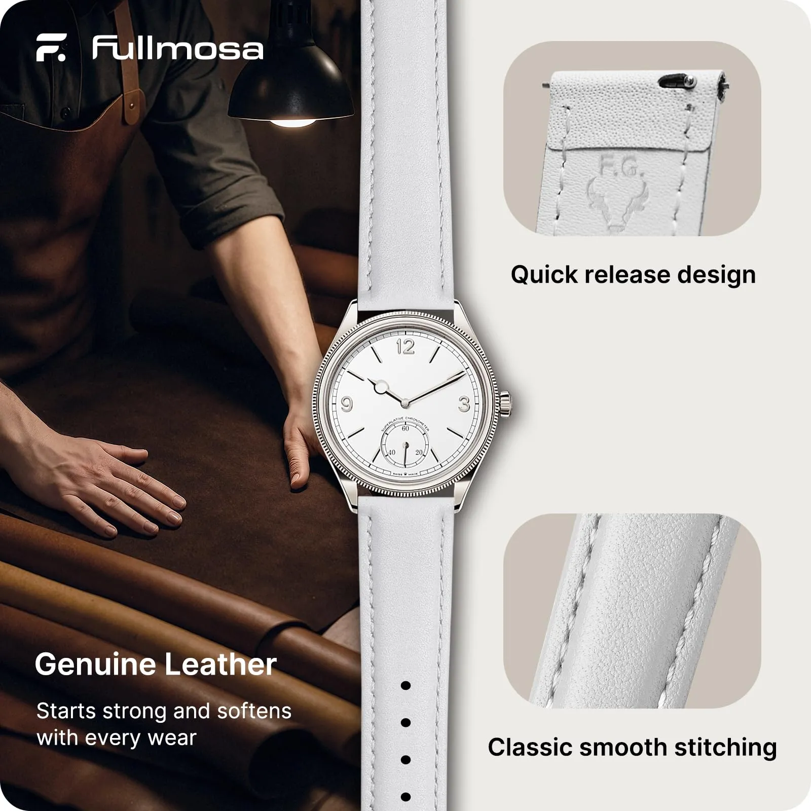 Fullmosa Cinturino per Orologio 18mm in Pelle a Sgancio Rapido, Bianco - immagine 4