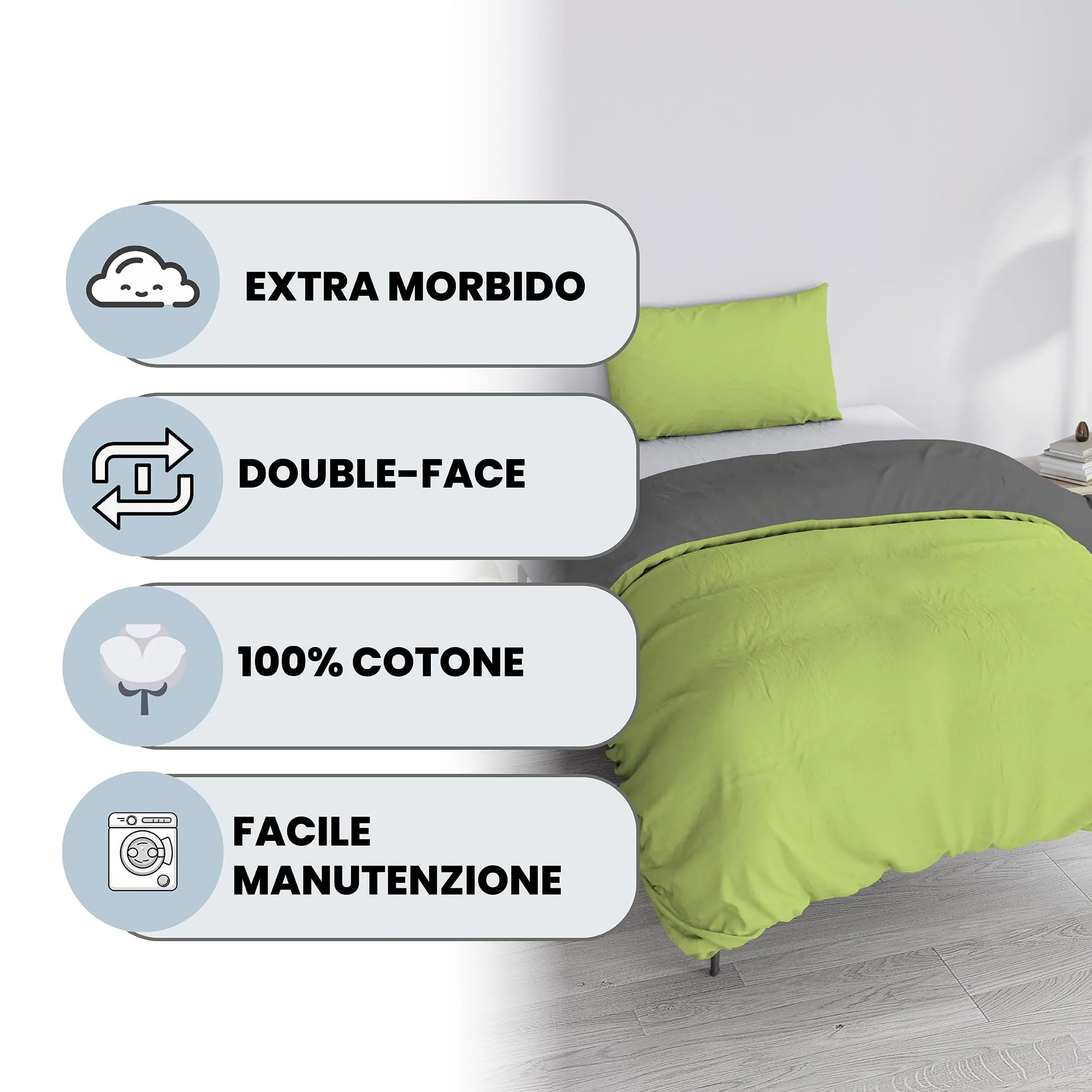 Italian Bed Linen Set Copripiumino 100% Cotone, Singolo, 150x200 cm, Verde Acido/Grigio Scuro - immagine 2