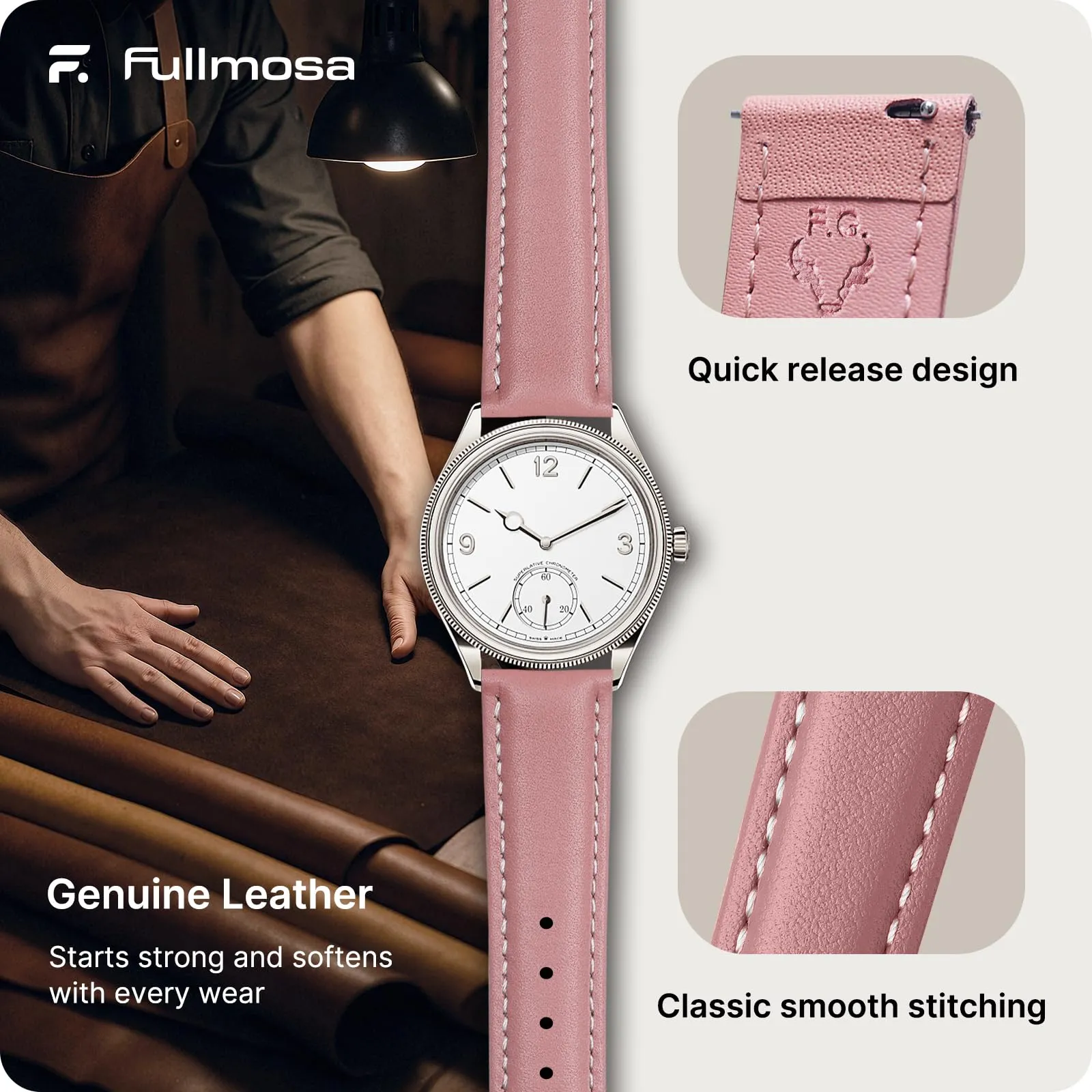 Fullmosa Cinturino in Pelle 20mm a Sgancio Rapido, Rosa - immagine 4